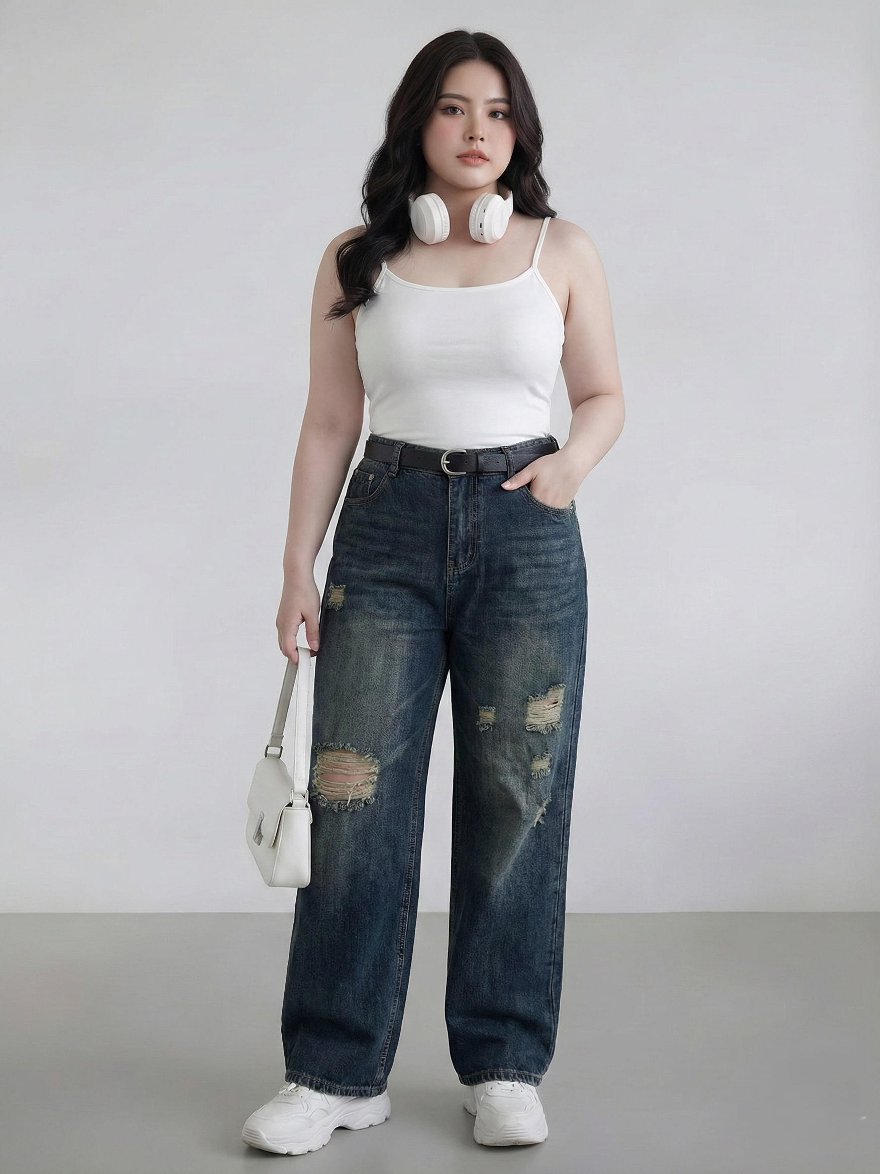 Quần jean ống suông rách kiểu lưng cao bigsize QJ364 dành cho nàng béo mập từ 55-90kg