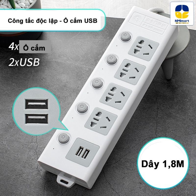 Ổ cắm điện đa năng NMI chịu tải 2500W, 2 cổng sạc USB 5V - An toàn chống cháy chống giật dây dài 1m8 và 2m5_thumbnail_2