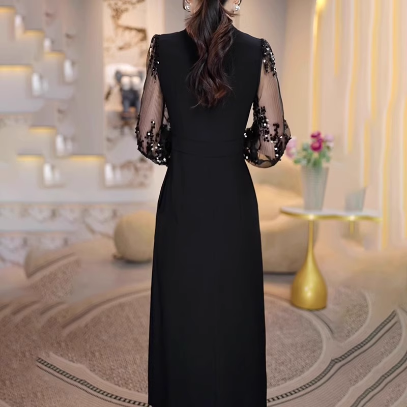 16553-Đầm suông đen phối tay lưới kim sa xẻ tà cách điệu ( thun nhật, thun lưới)_thumbnail_2