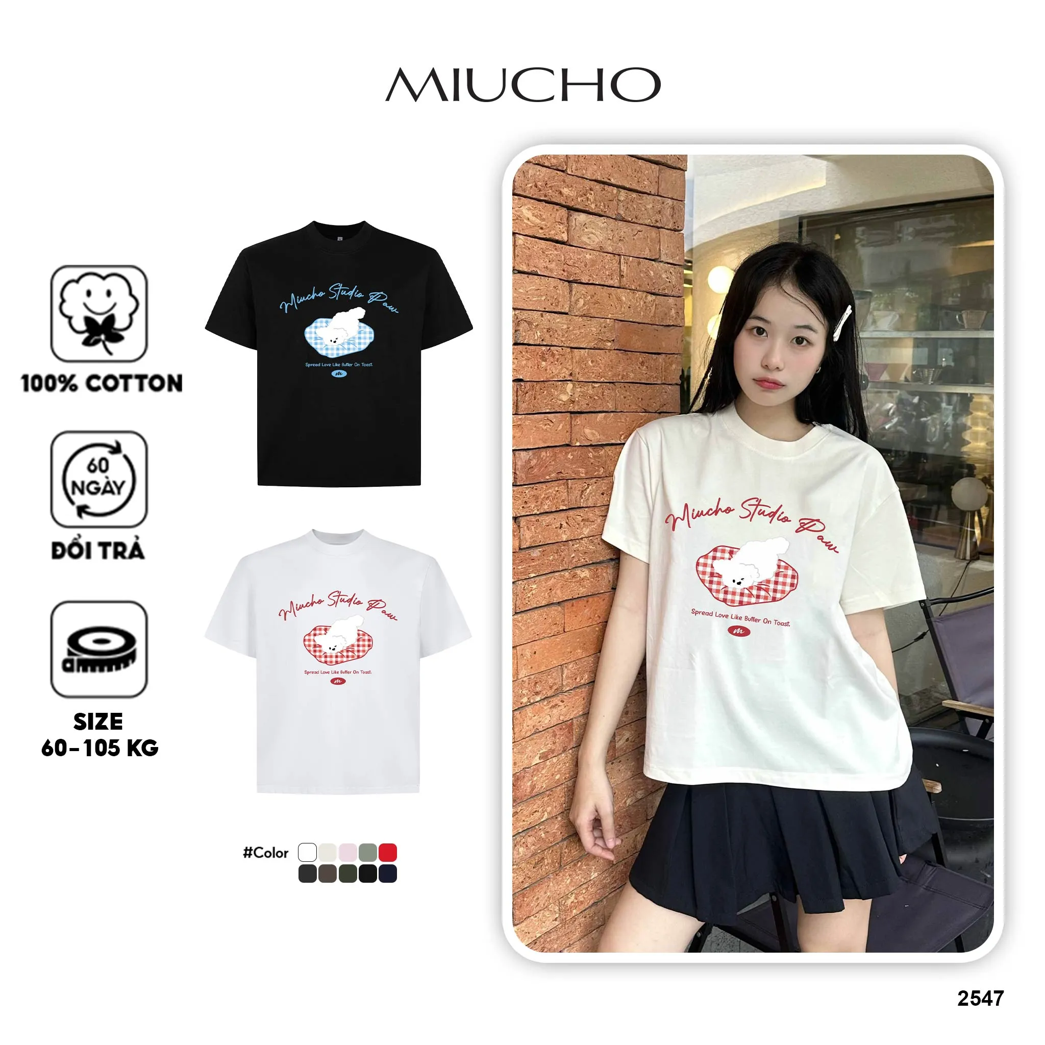 Áo thun boxy hình gấu dễ thương nhiều màu 2547 Miucho vải cotton thoáng mát phong cách Hàn Quốc