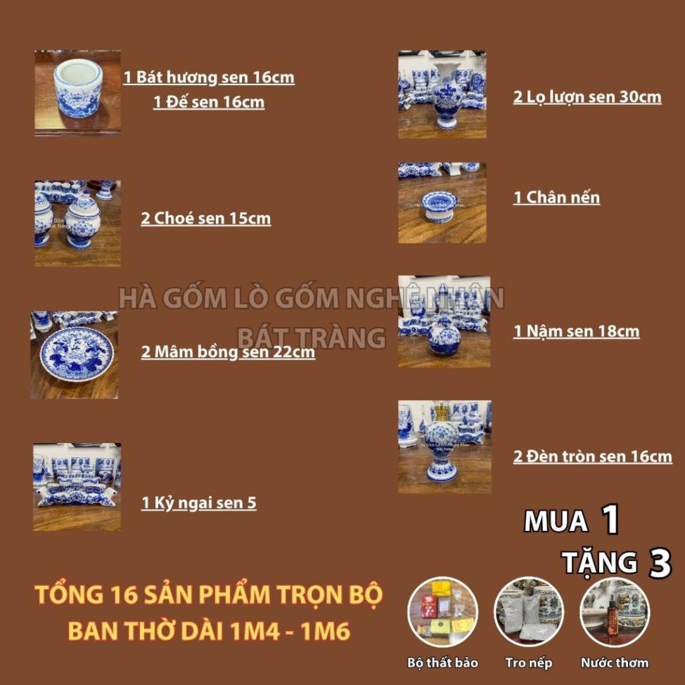 HG326 Đồ Thờ Cúng Bộ 16 món ban thờ 1M4 - 1M6 men lam nghệ nhân Bát Tràng chế tác TẶNG Thất Bảo, Tro Nếp_thumbnail_1