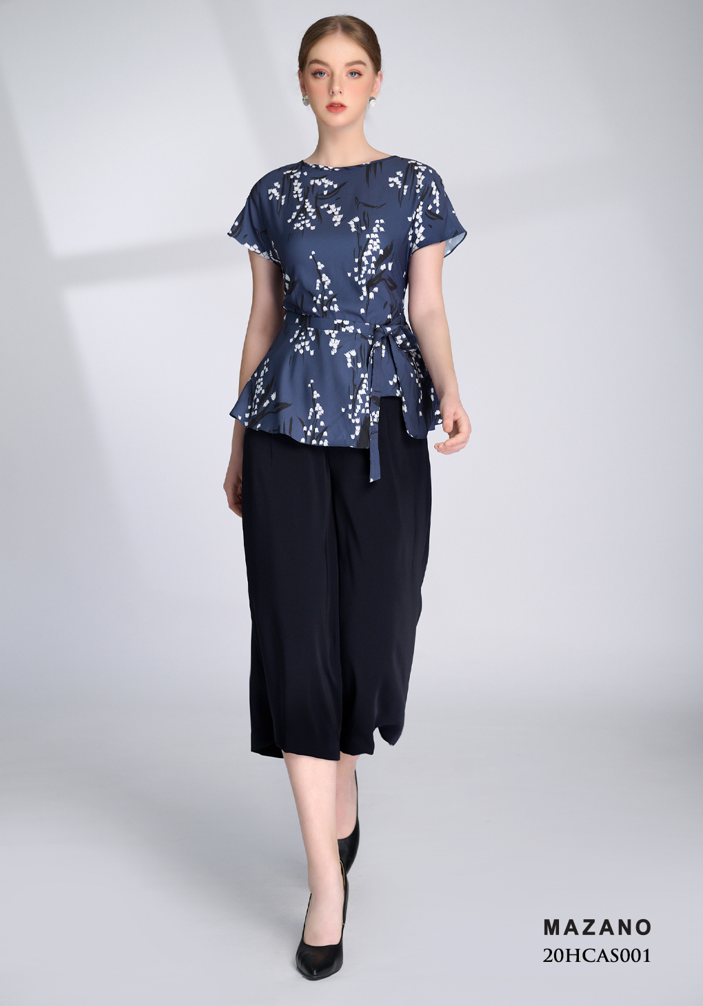 Áo lụa mullet xanh họa tiết thắt đai