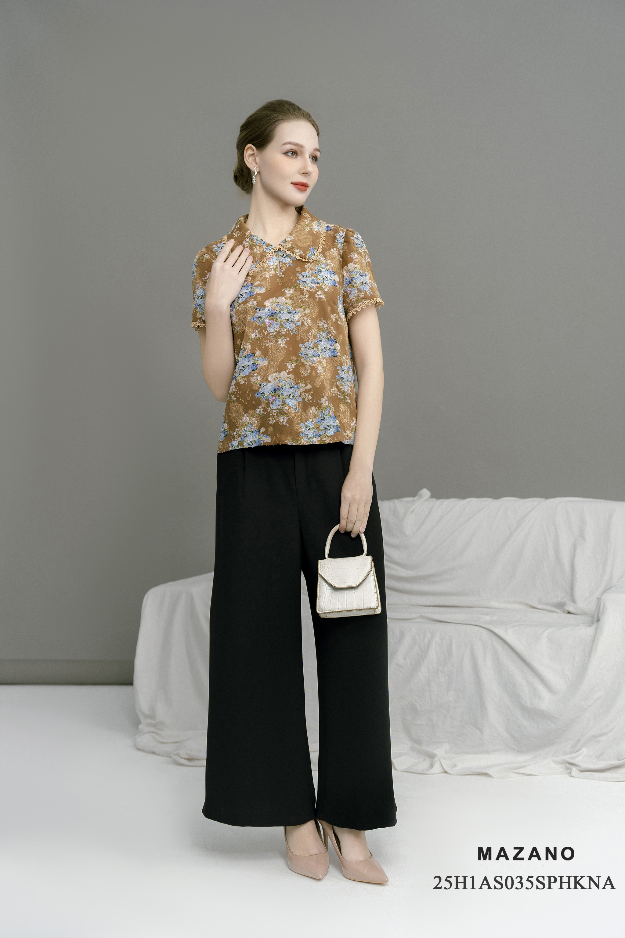 Áo top suông cài khuy Họa tiết hoa cách điệu Cổ bẻ Tay ngắn Dài dưới eo_thumbnail_2