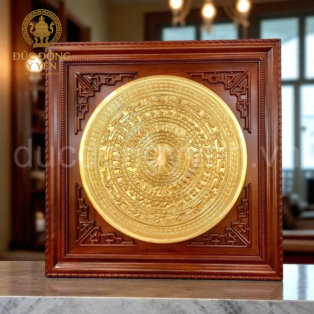 Mặt trống đồng đúc đồng đỏ thiếp vàng 9999