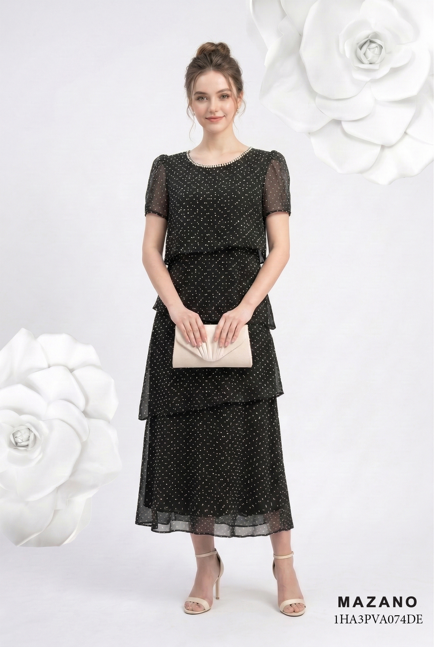 Đầm voan mỏng họa tiết chấm bi dáng suông A phân tầng cổ tròn tay ngắn đính hạt đá  thiết kế MAZANO_thumbnail_4