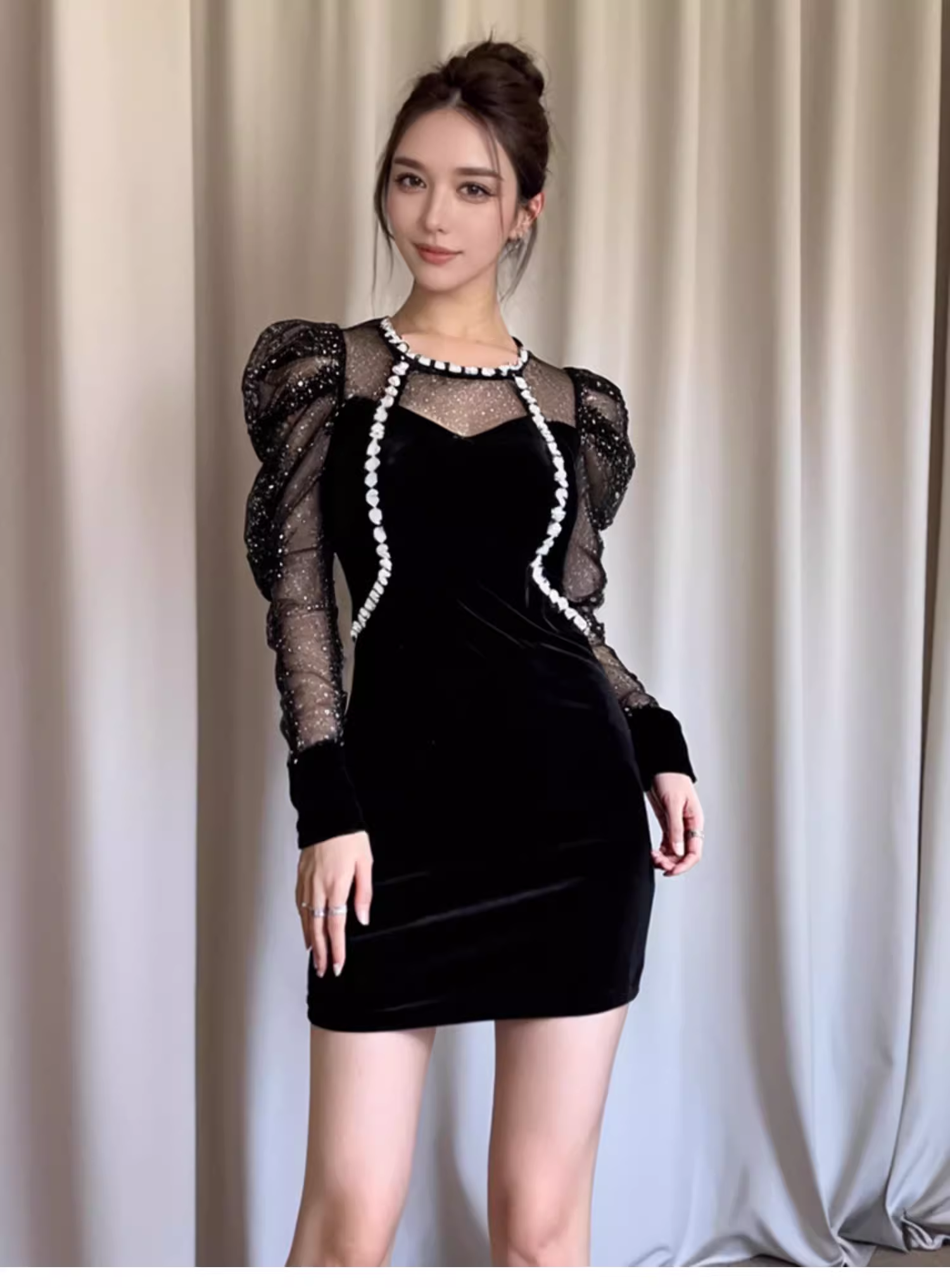 16338-Đầm body nhung phối tay voan lưới kim tuyến viền ren cách điệu ( thun nhung, voan lưới)_thumbnail_1