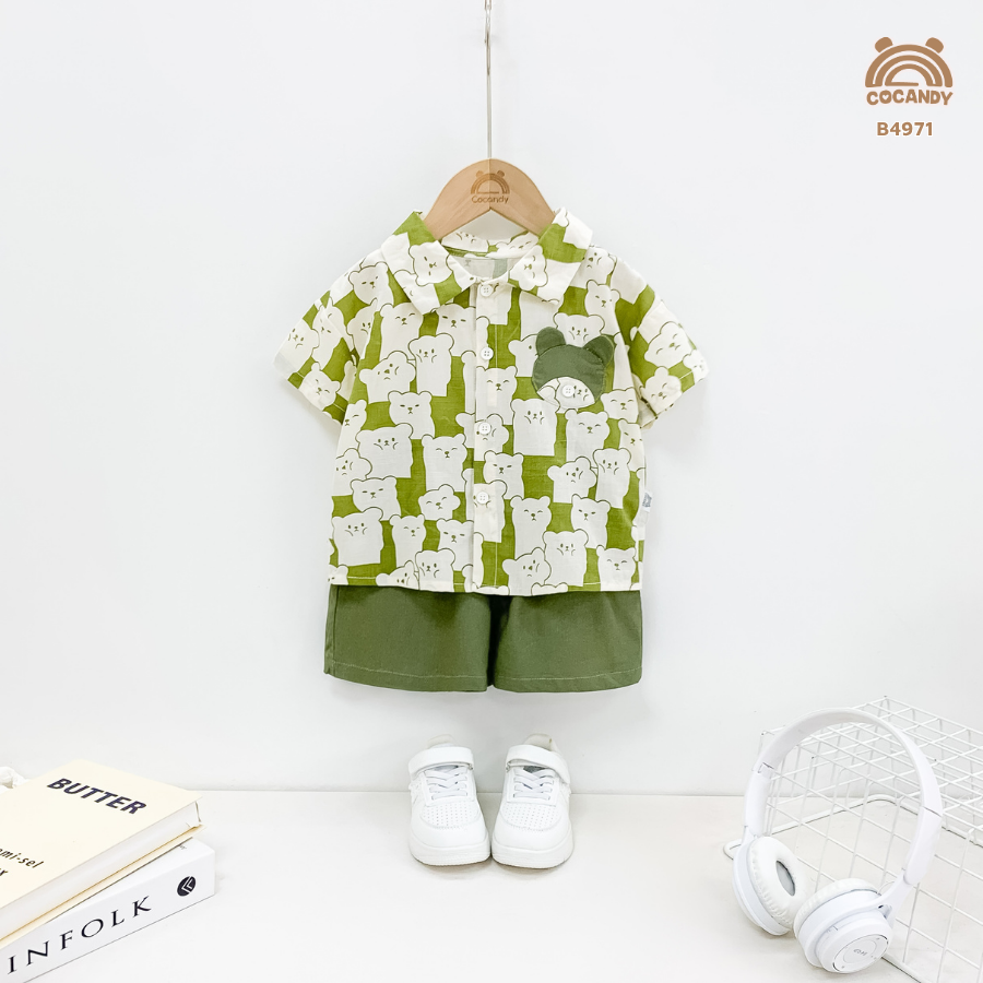 Bộ cộc XANH RÊU họa tiết gấu phối túi gấu