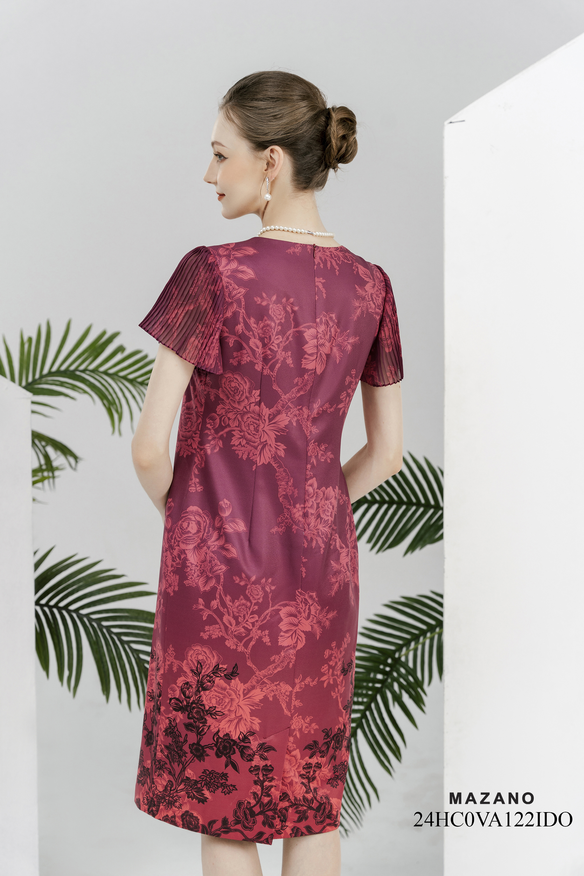 Váy Đầm Suông Vải thô mỏng Hoạ tiết hoa cách điệu in ombre Cổ tròn Tay ngắn Dài qua gối_thumbnail_5