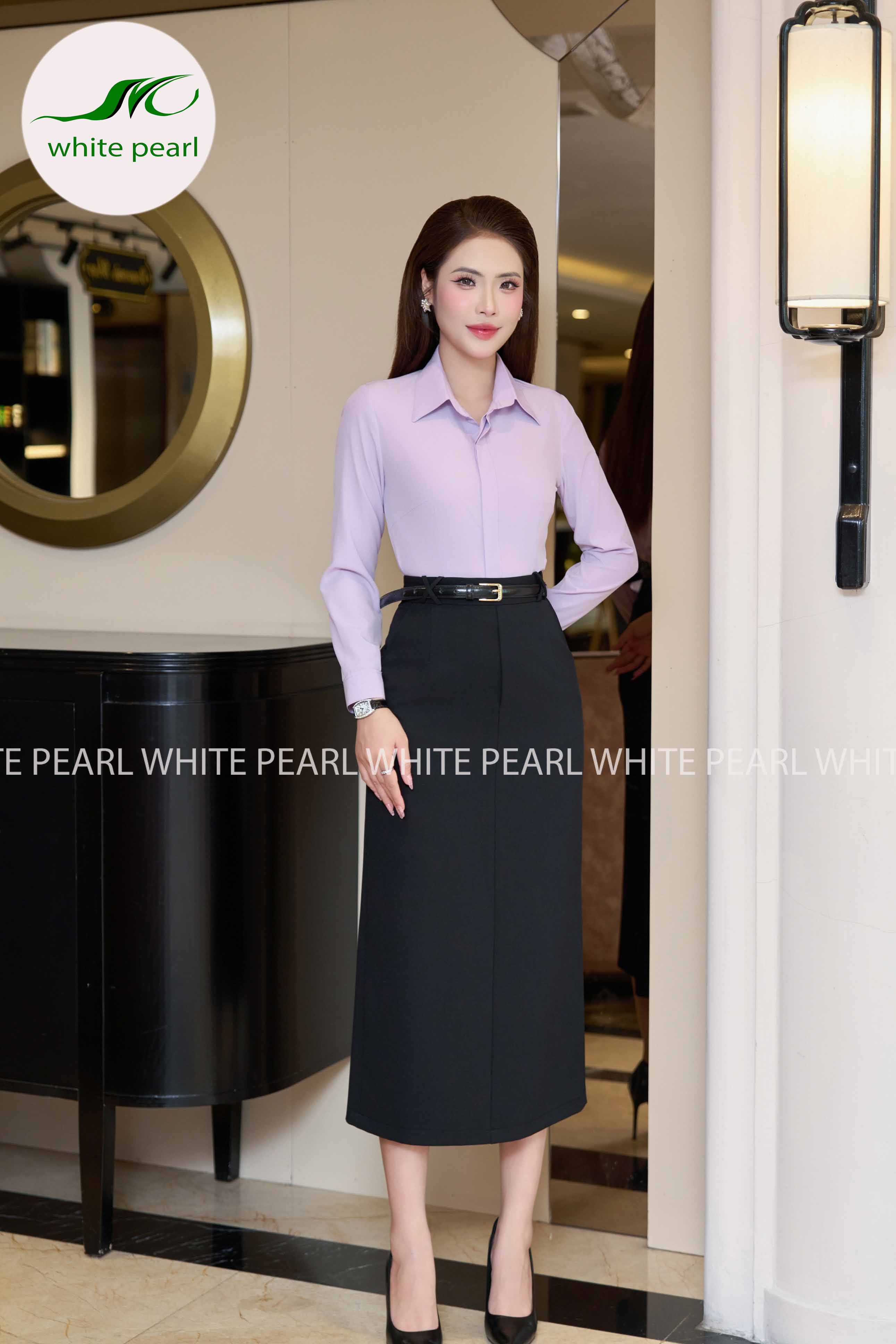 Áo sơ mi cổ đức tay dài kết hợp Chân váy ôm suông đỉa X CVTT26-11 Thời trang công sở cao cấp White Pearl_thumbnail_2