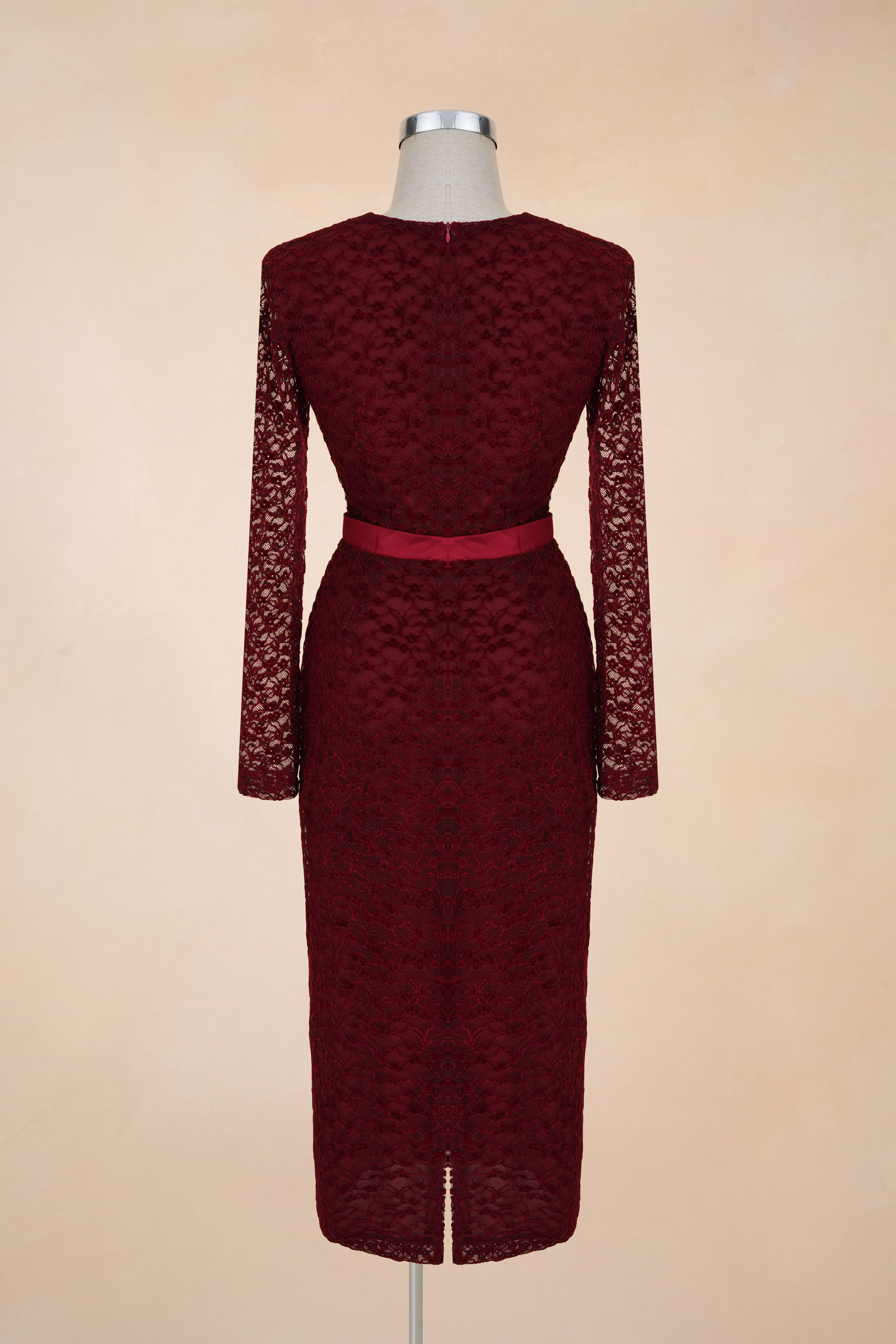 Đầm Bút Chì Cổ V Nơ Eo Lưới Ngực