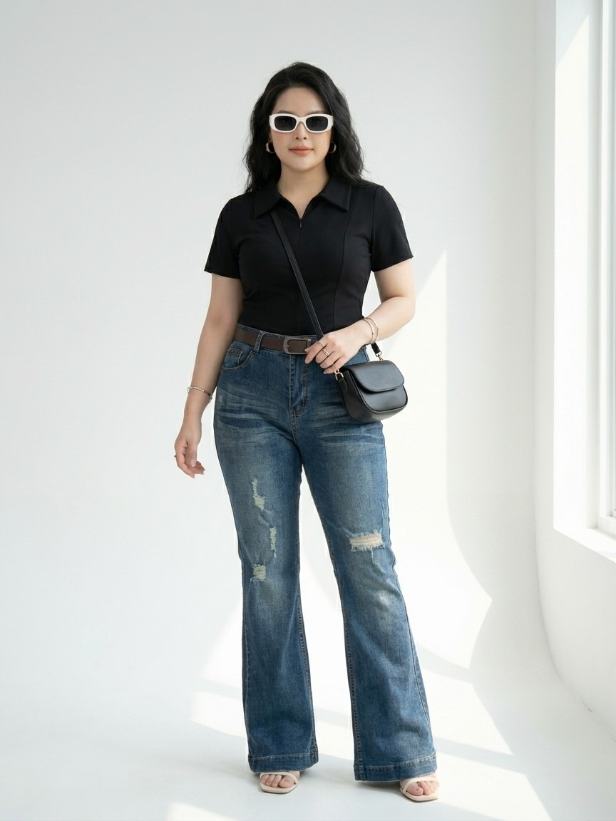 BIGSIZE NỮ - Quần jean ống loe rách thêu T-QJ512