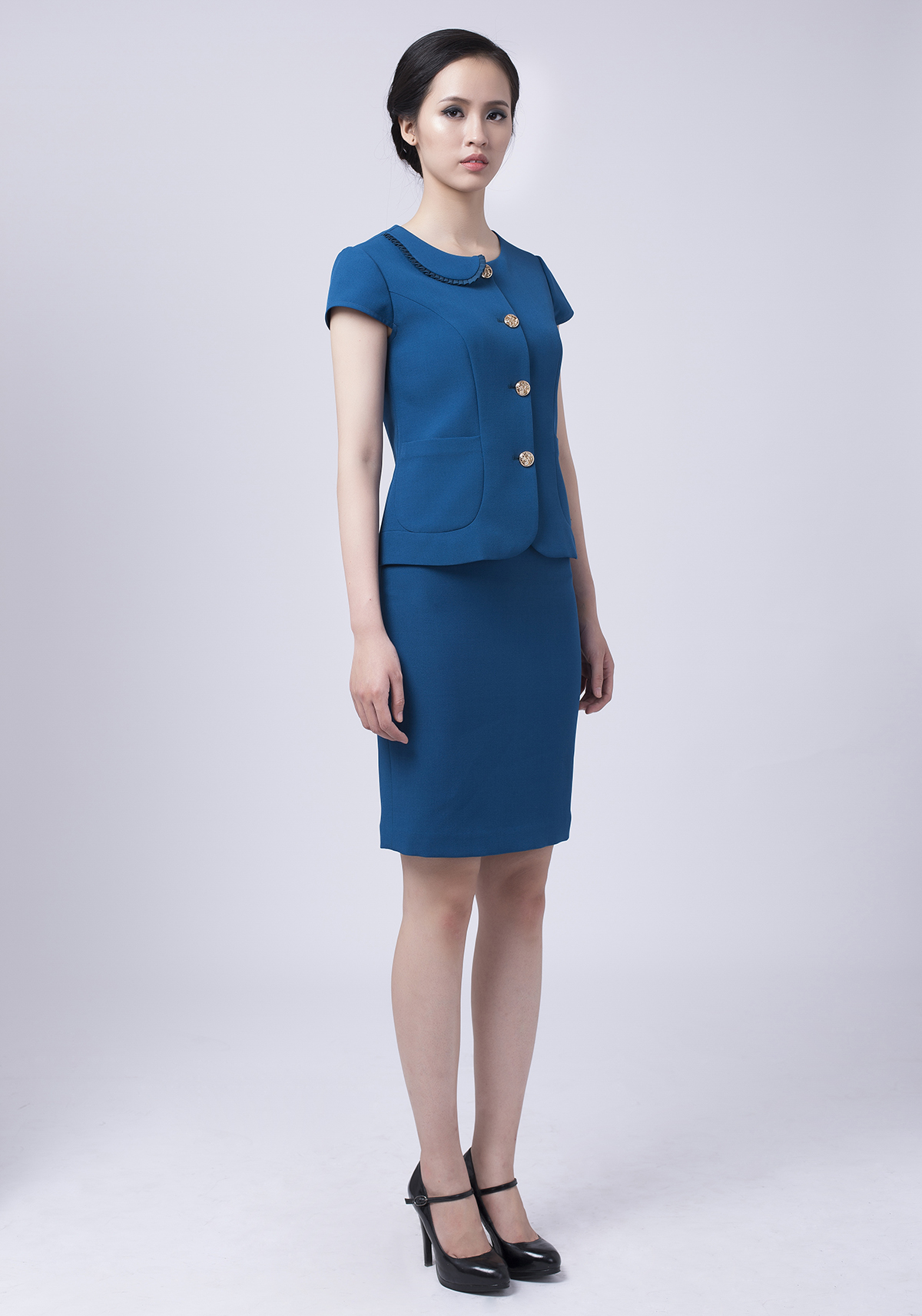 Bộ Áo ký giả ngắn tay và Chân váy juyp vải Tuytxi màu xanh_thumbnail_1