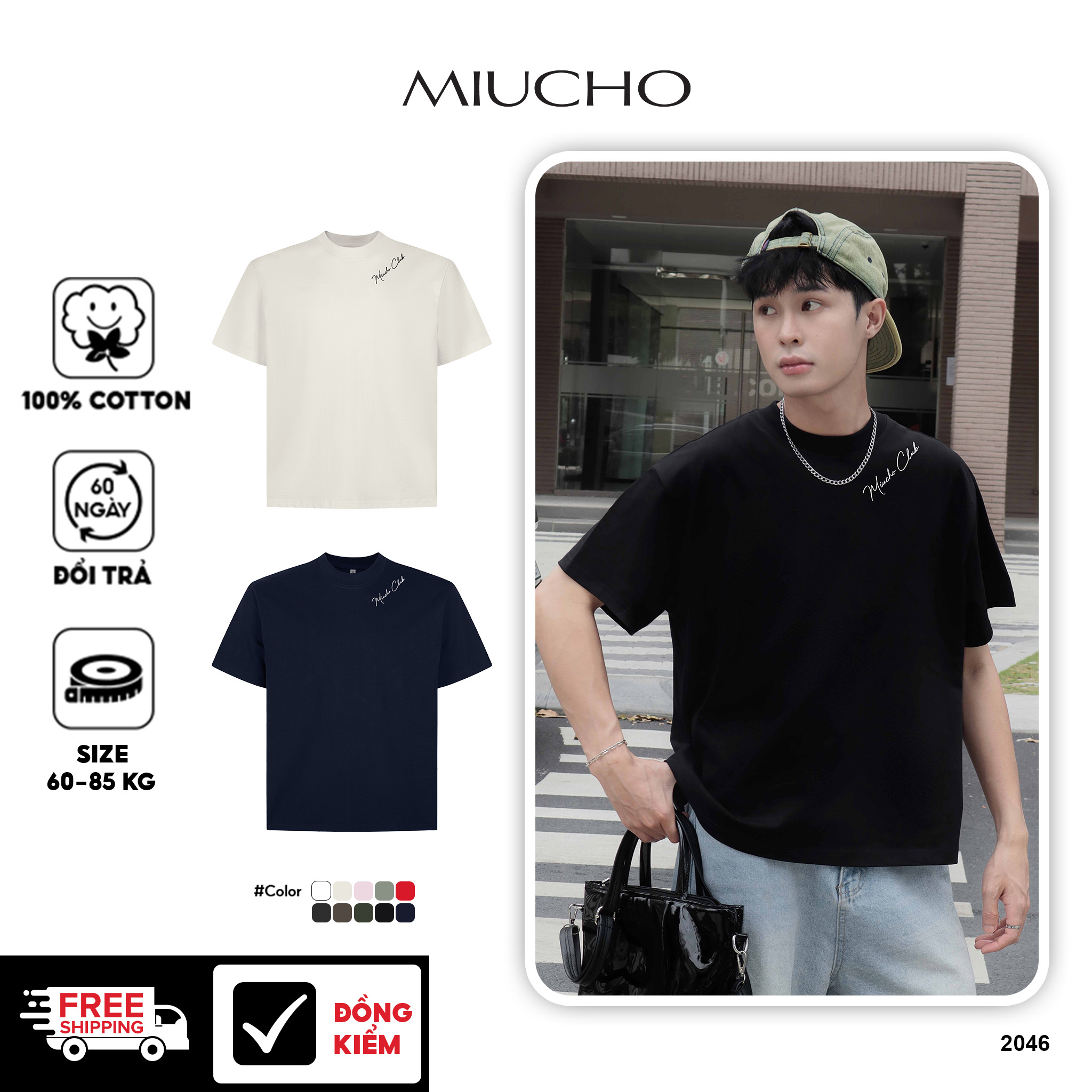 Áo phông nam local brand form boxy 2046 Miucho vải cotton 2c 250gsm cổ tròn in basic