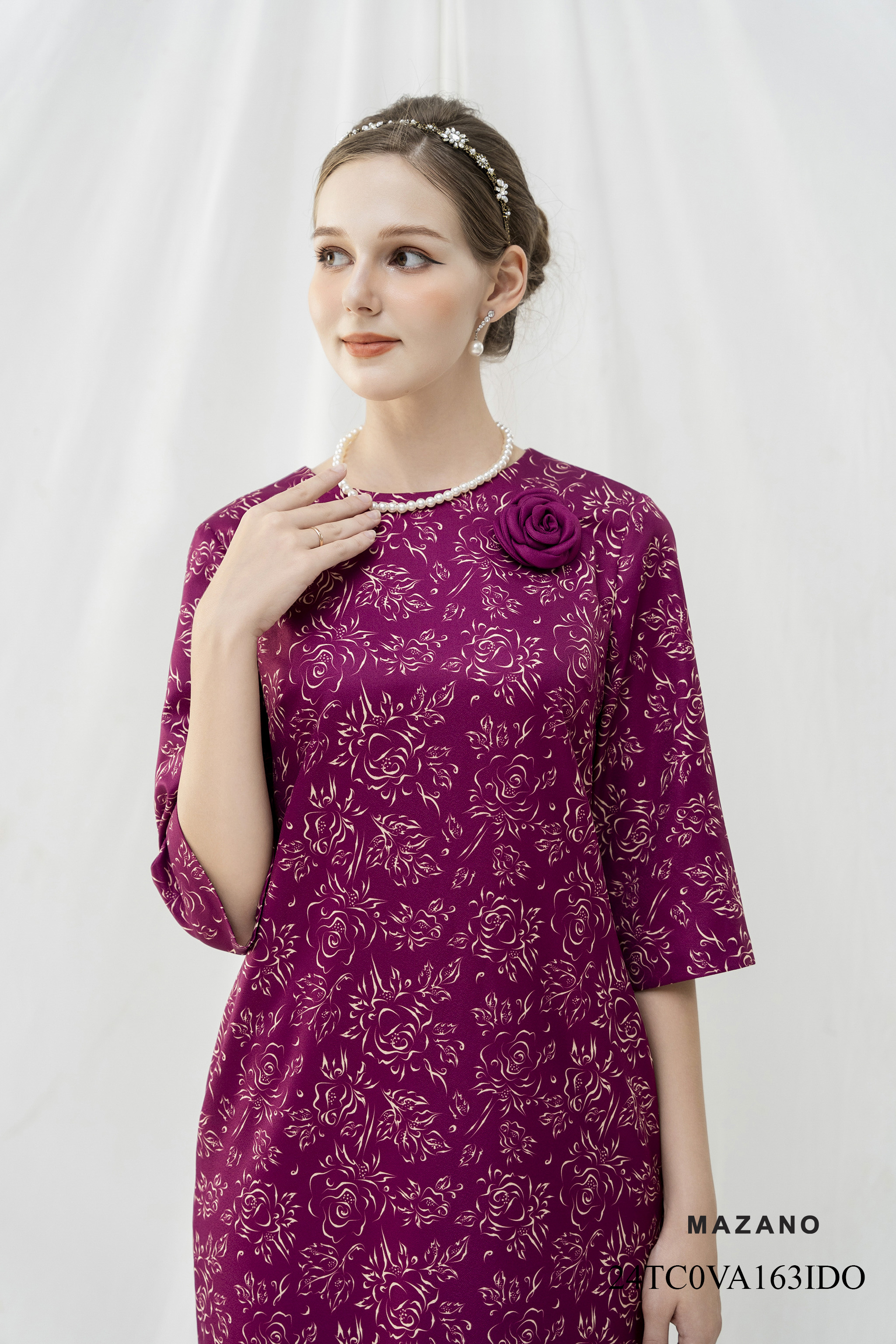 Váy Đầm Suông Vải thô mỏng Hoạ tiết hoa in hoa   Cổ tròn Tay lỡ Dài đến bắp chân VA163IDO_thumbnail_3