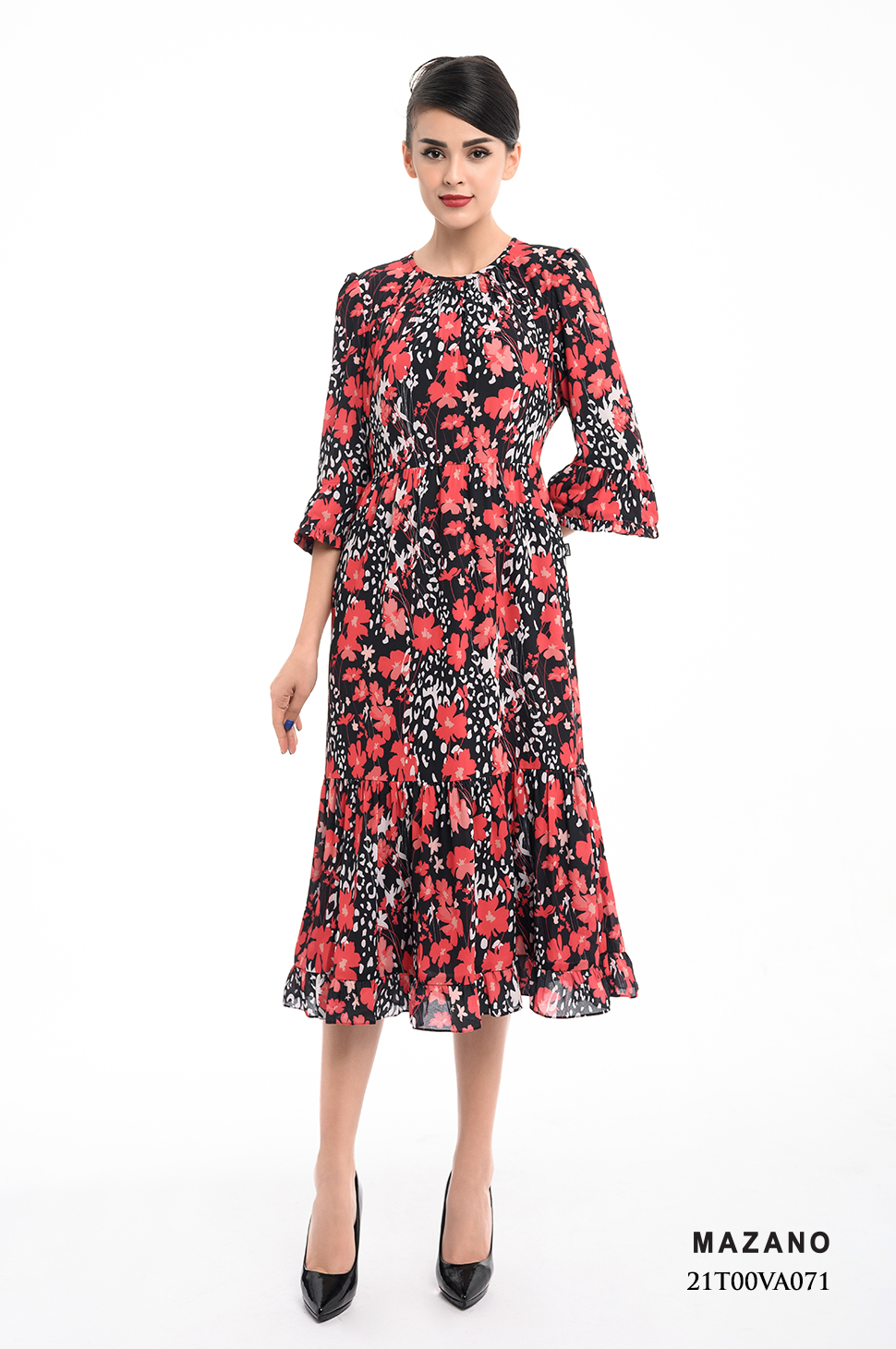 Đầm Chiffon Đỏ Họa Tiết Hoa Cách Điệu Phối Tay Bèo