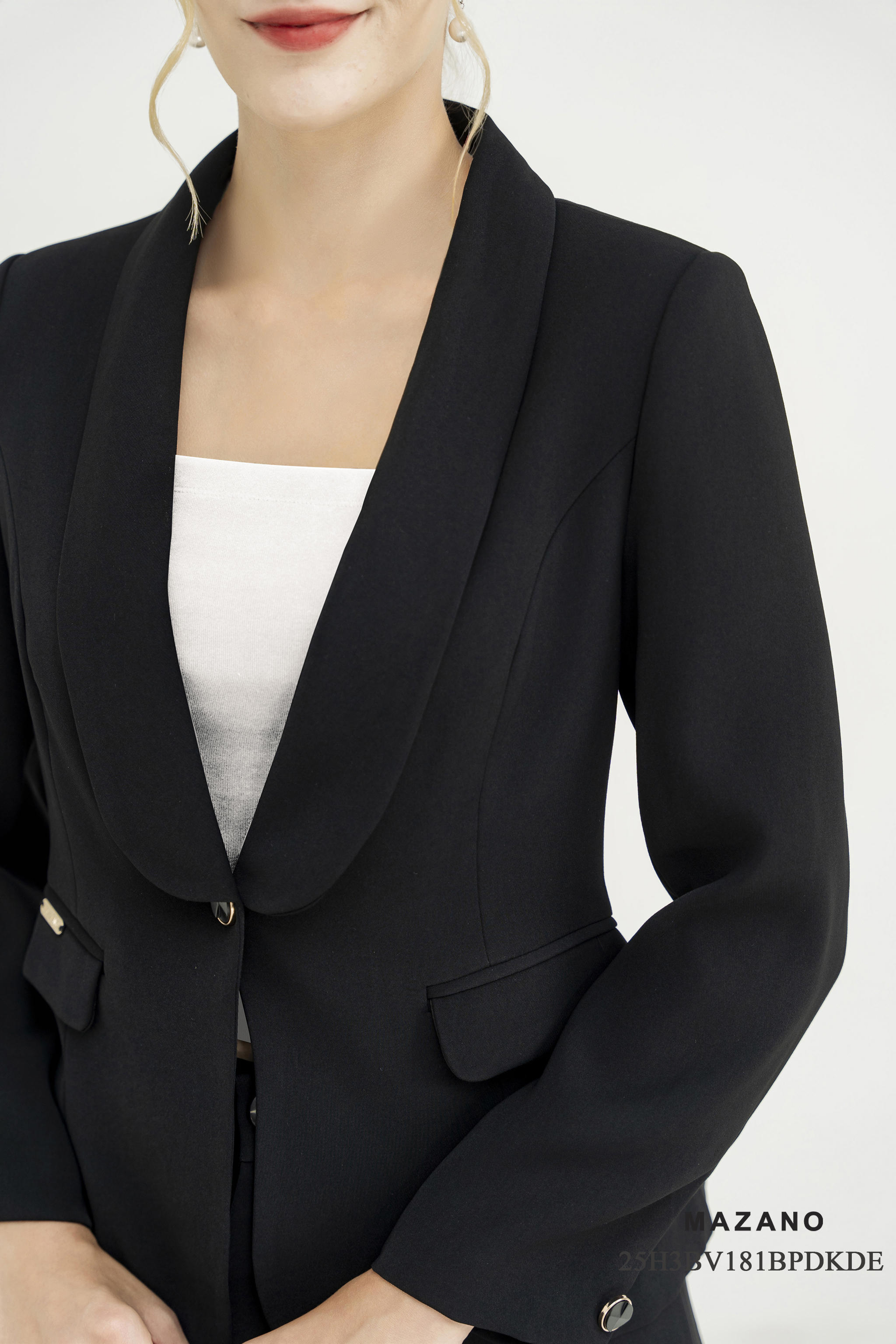 Bộ vest suông vải thô dày màu đen Cổ sang trọng Tay dài Dài áo qua eo,quần dài đến mắt cá_thumbnail_3