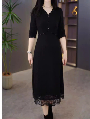 18196-Đầm suông A tay dài  viền ren cách điệu ( thun nhũ, ren)