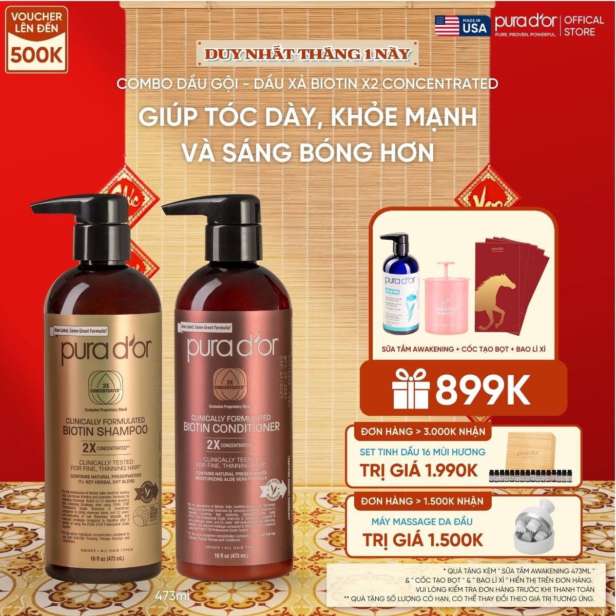 Combo Gội - Xả Pura D'or Biotin X2 Concentrated Giúp Tóc Dày, Khỏe Mạnh và Sáng Bóng Hơn 473ml