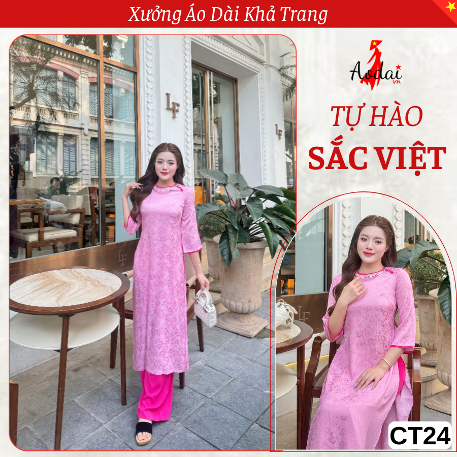 Bộ Áo Dài Cách Tân Dáng Suông CT24 Cổ Tròn Tay Lỡ màu Hồng Phấn Hoa Sen Đá
