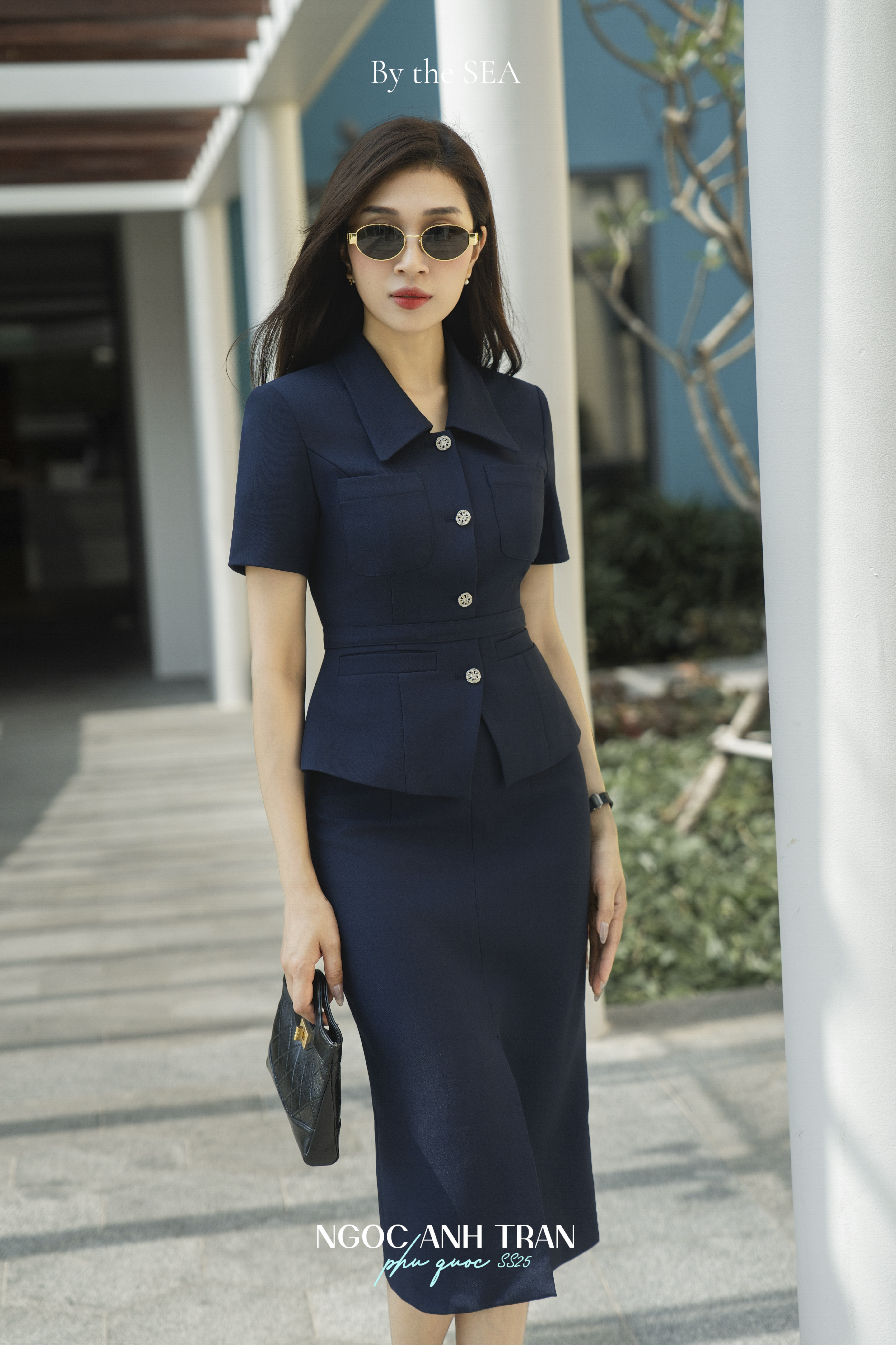 Set A171 TĨNH LAM áo kiểu chân váy xanh than
