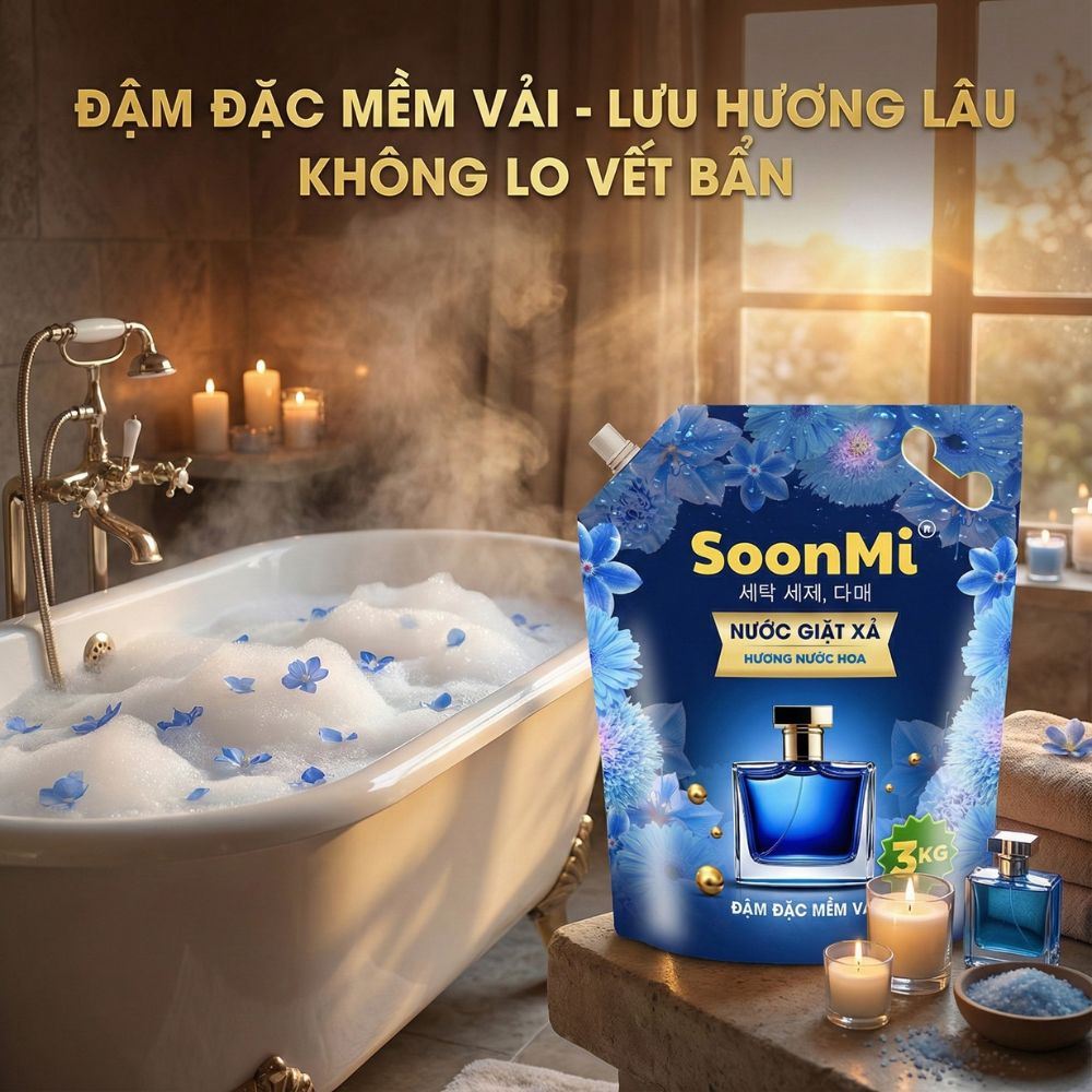 Nước Giặt Xả 2 Trong 1 Soonmi 3kg Đậm Đặc - Công Nghệ Hạt Lưu Hương Ngọc Trai Lên Tới 3 Tuần