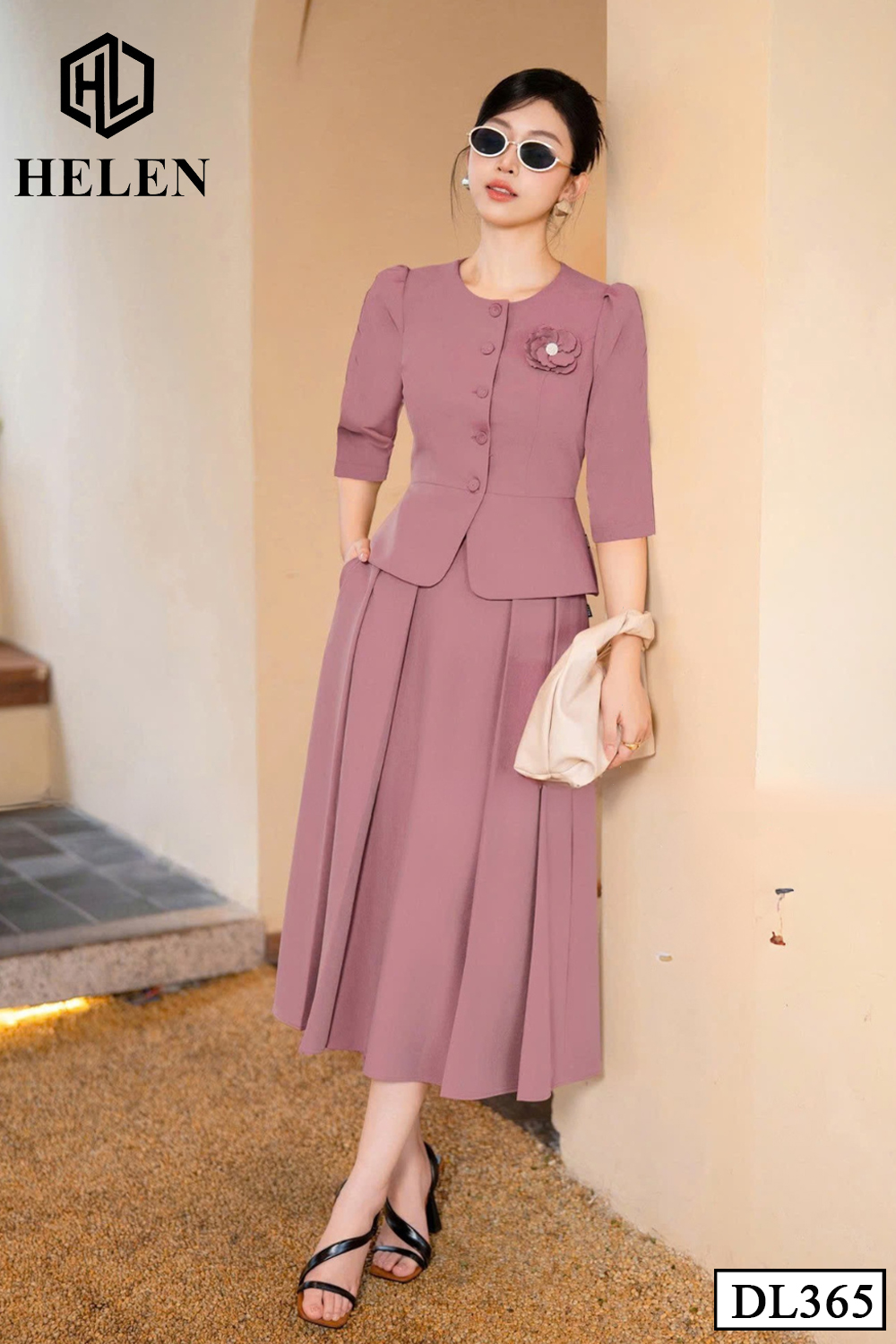 Đầm xòe pelum hồng đỗ giả set đính cúc ngực DL365