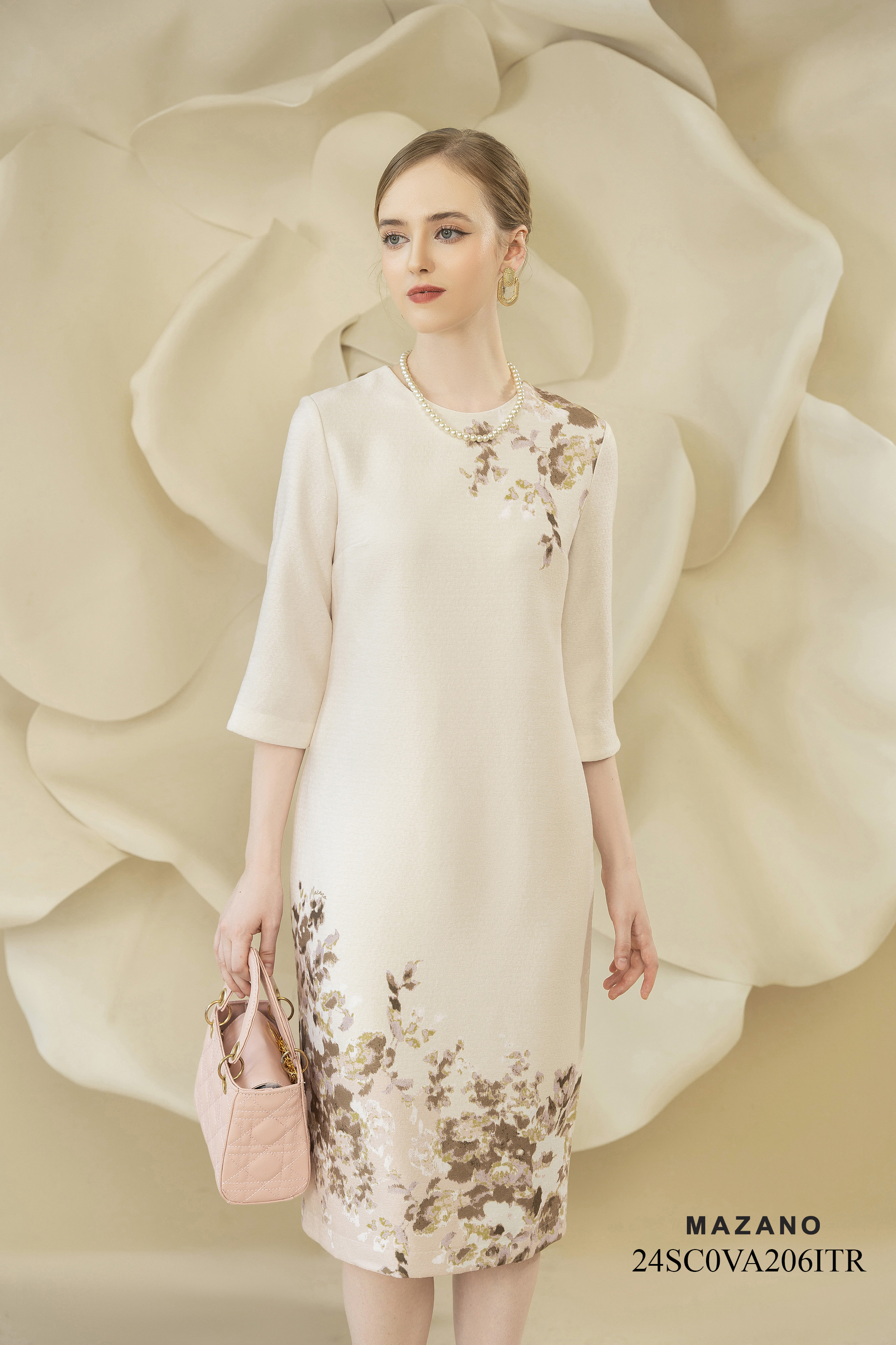 Váy Đầm Suông Vải dạ tweed Hoạ tiết hoa cách điệu Cổ tròn Tay lỡ Dài qua gối_thumbnail_2