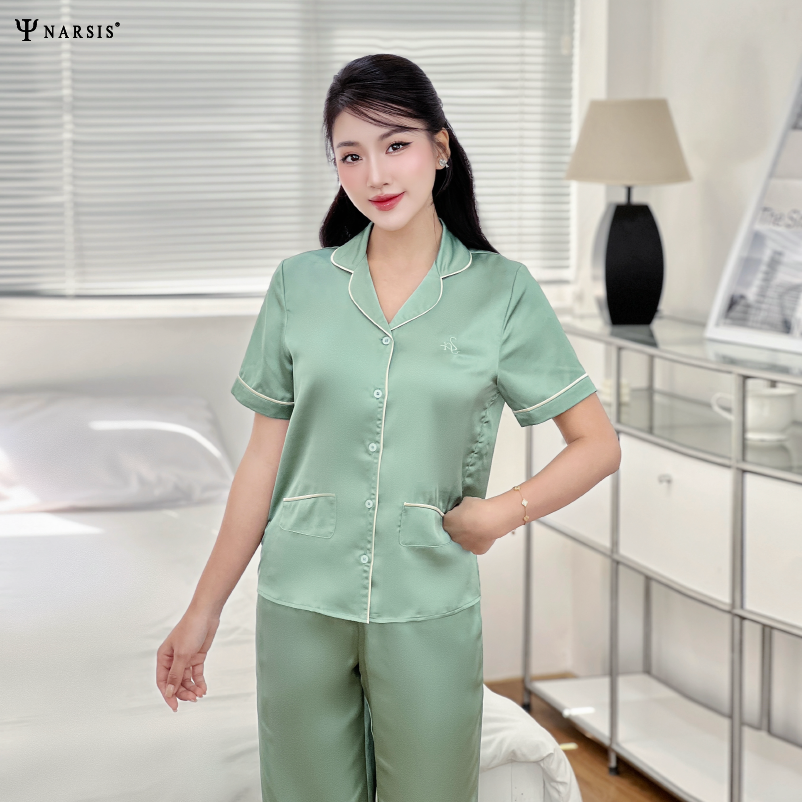 Bộ pijama satin cao cấp Narsis M24040 màu xanh lam, thiết kế thoáng mát, tinh tế._thumbnail_3