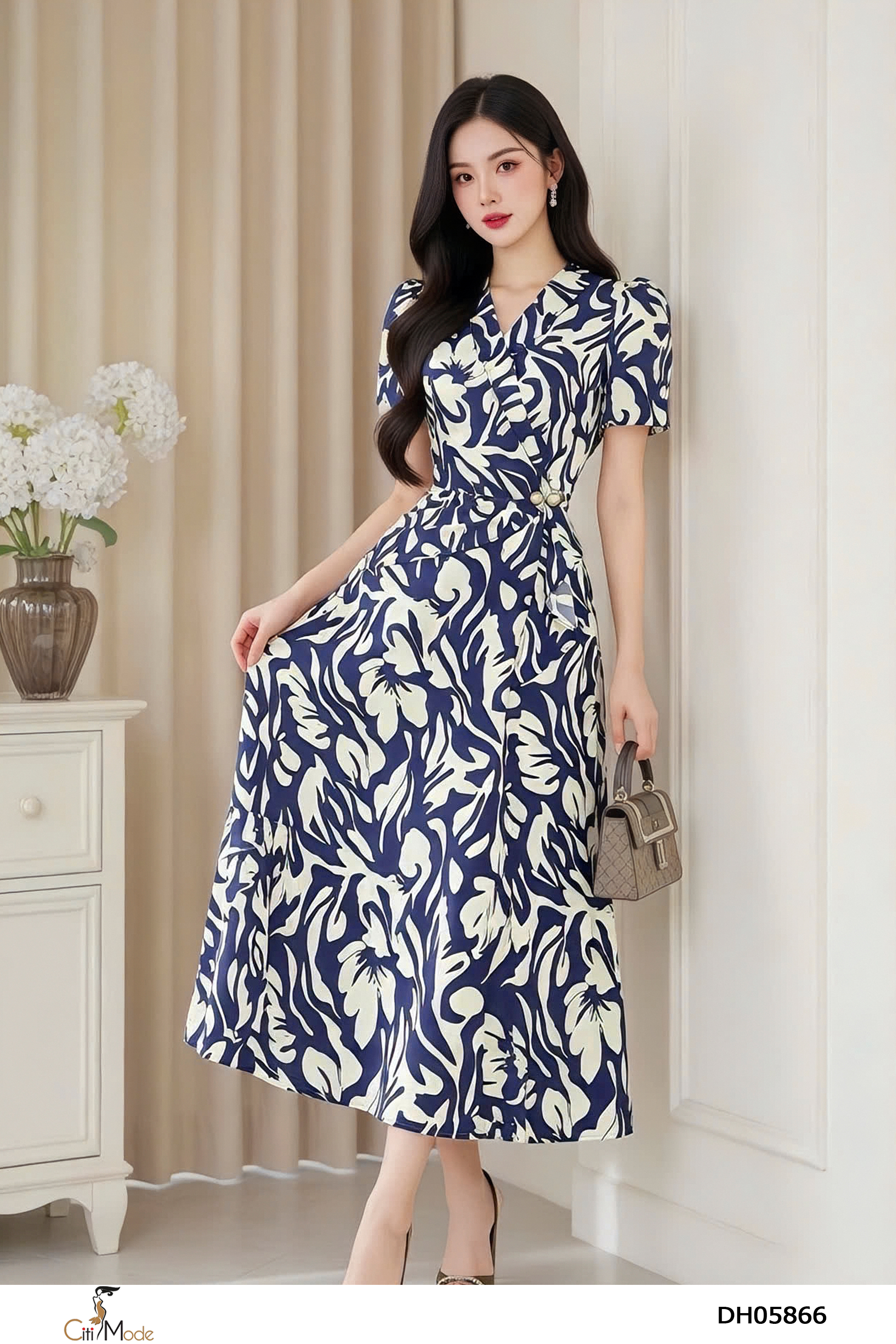 Đầm xòe hoa tím than nổi cổ sam nhún eo tay cọc_thumbnail_2