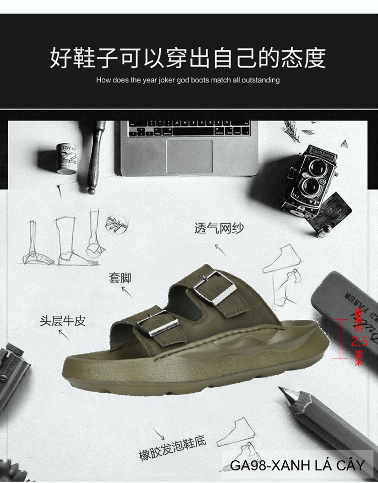 GA98 - Dép xỏ ngón nam đế dày thời trang, da bò mềm, hai quai khóa kim loại, màu Xanh Lá Cây và Đen_thumbnail_13