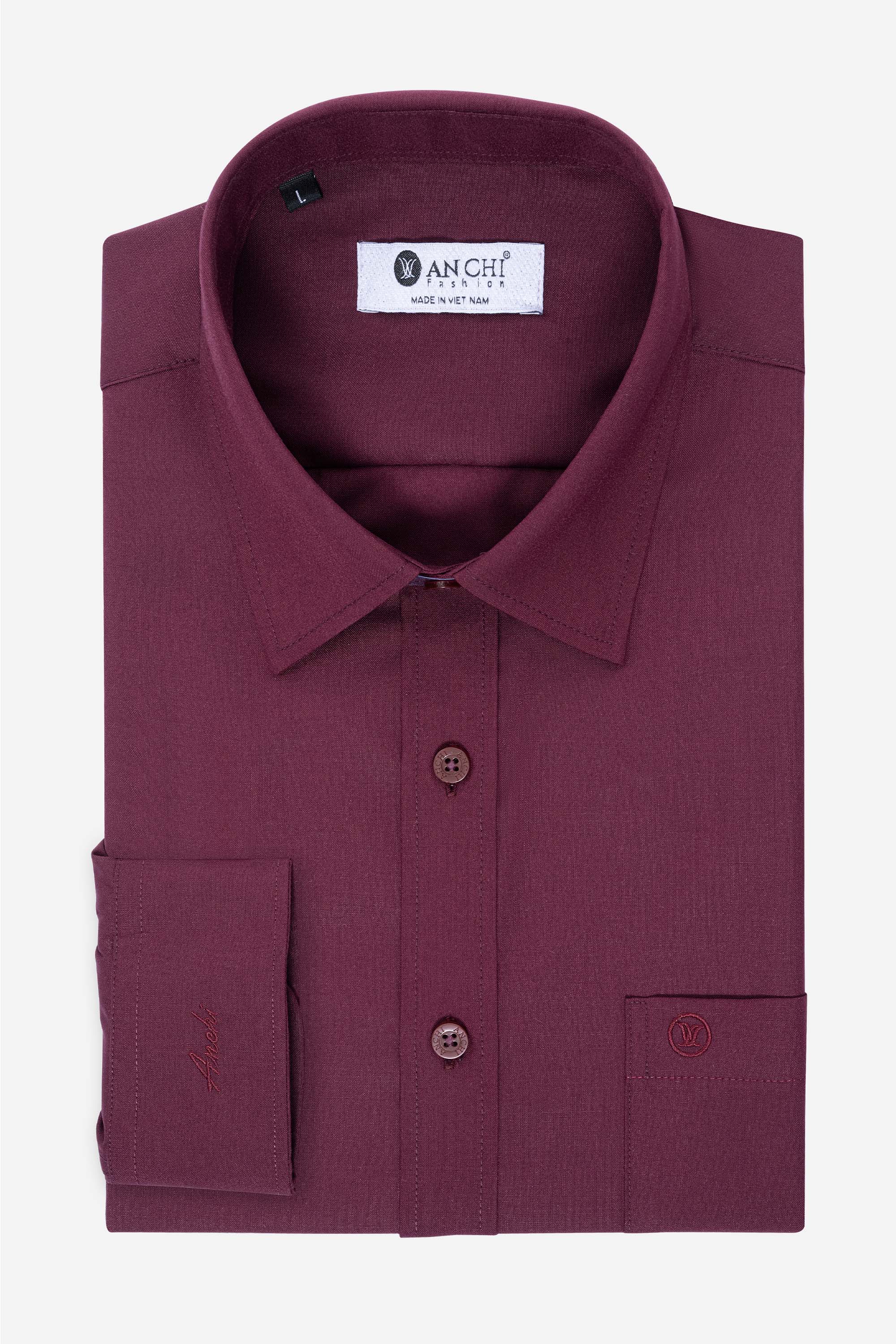 Sơ Mi Trơn Dài Tay Nam Trung Niên ANCHi Chất Liệu Cotton Nhập Khẩu Màu Đỏ Đô