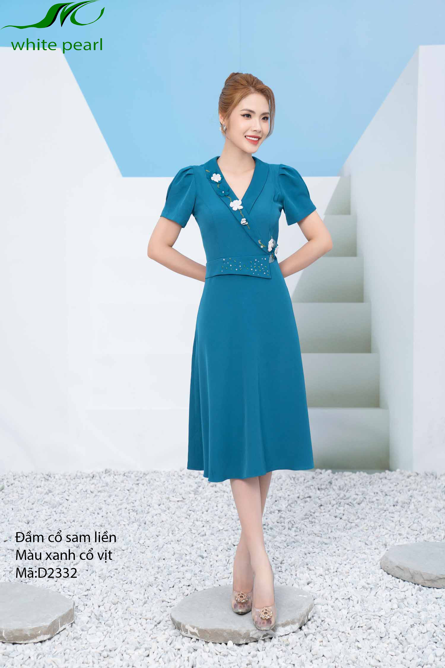 Đầm cổ sam liền đinh hoa thời trang công sở nữ cao cấp White Pearl D2332_thumbnail_0