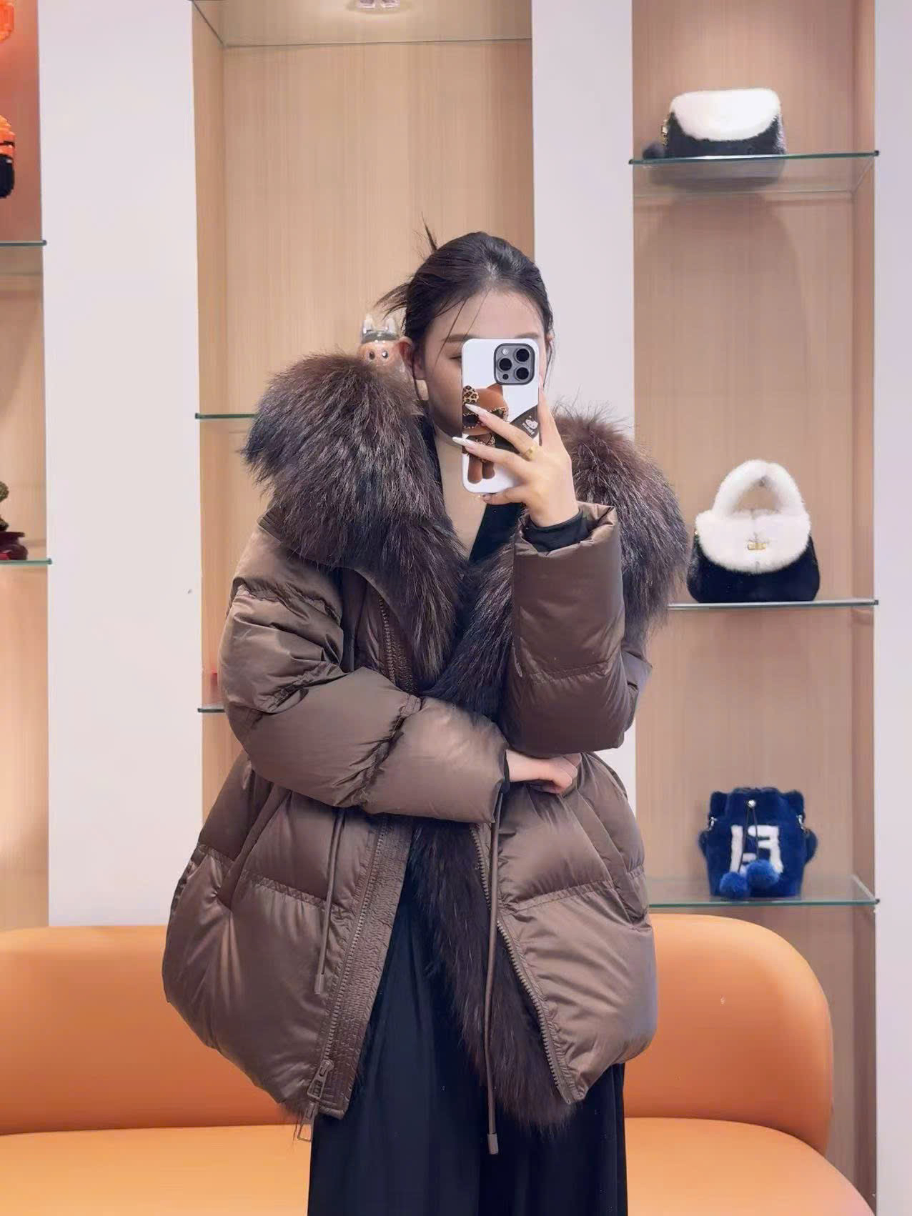 Áo phao cổ lông Nâu - V92