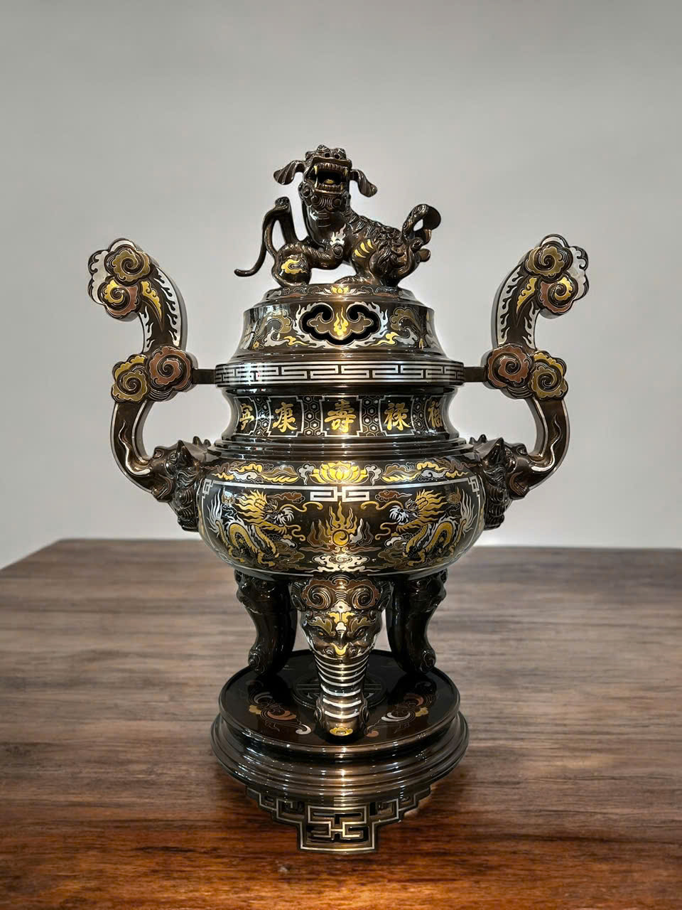 Bộ ngũ sự đúc đồng đỏ khảm ngũ sắc cao cấp cao 60cm_thumbnail_3