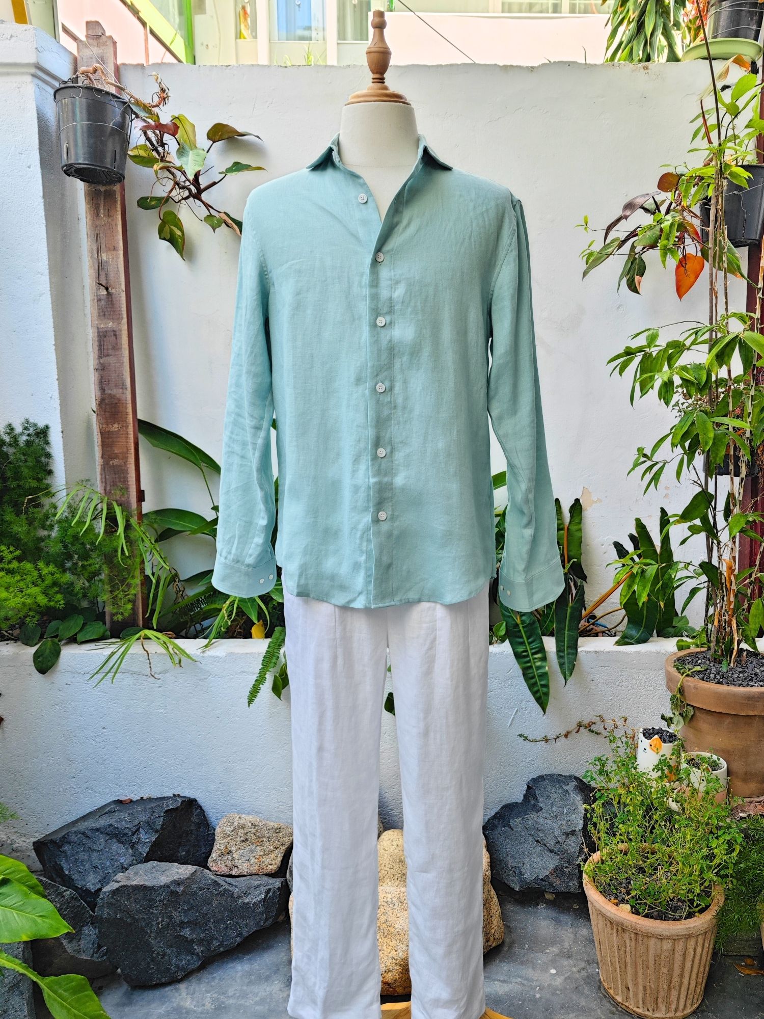 Sơ mi 100% linen tay dài cổ kiểu Ý