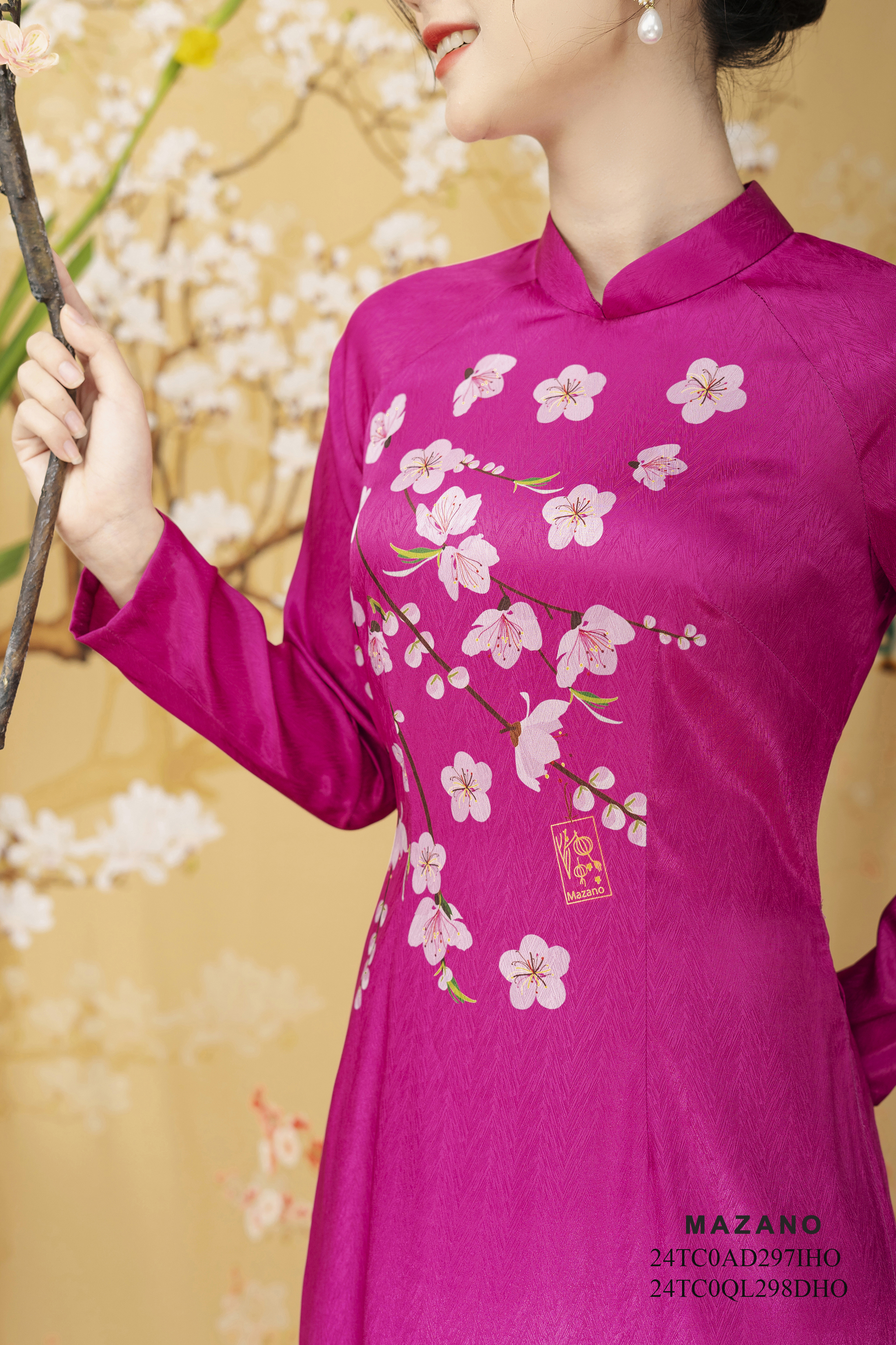 Áo Dài in hoa đào Vải lụa vân chìm Cổ tàu Tay dài Dài tới mắt cá chân_thumbnail_4