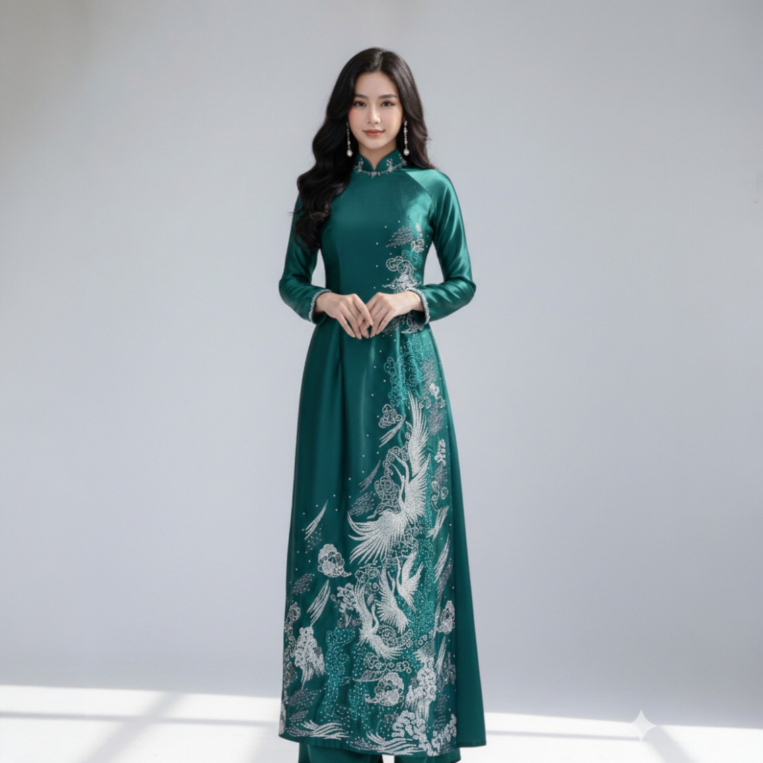 Áo Dài Mẹ Thêu Kết Phượng Vũ - Cao quý, sang trọng, quyền uy - Vải Ruby Xanh Rêu AM25-03