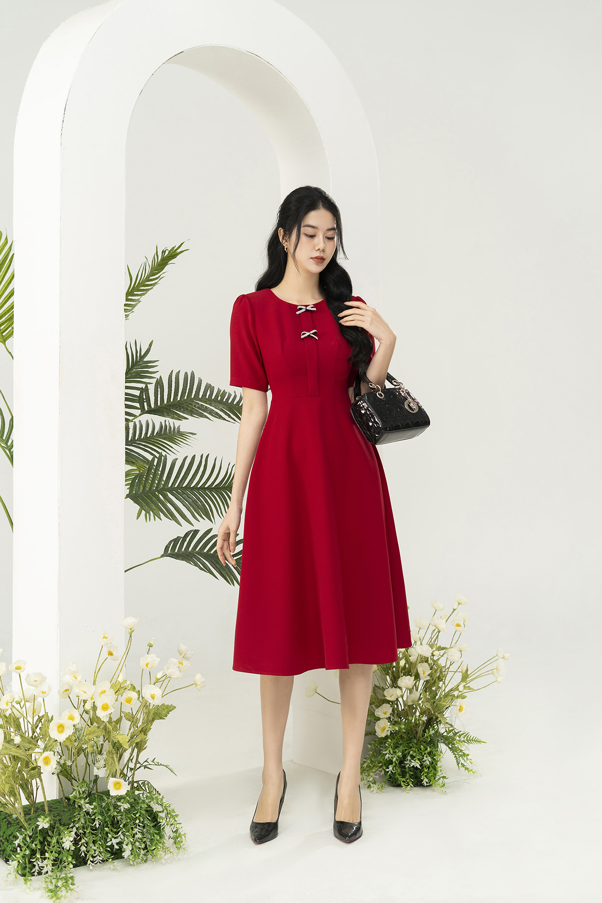 Đầm công sở LAVENDER dáng xòe đỏ nơ dây đá D3003_thumbnail_1