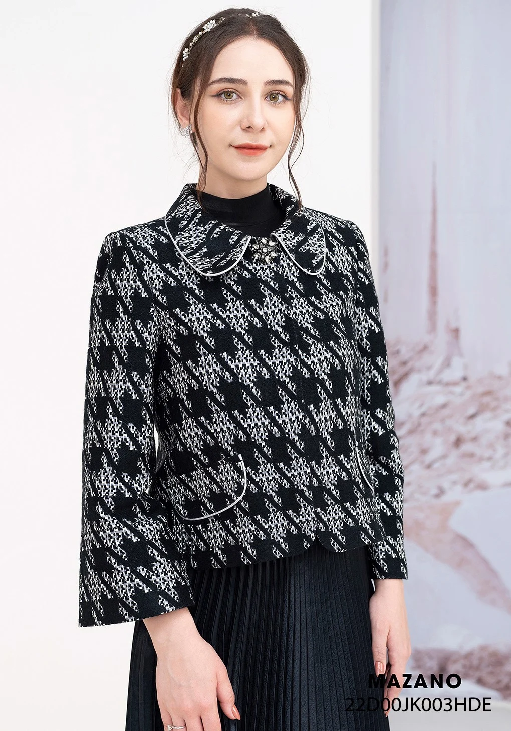 Áo khoác ngắn dạ tweed đen kẻ sọc