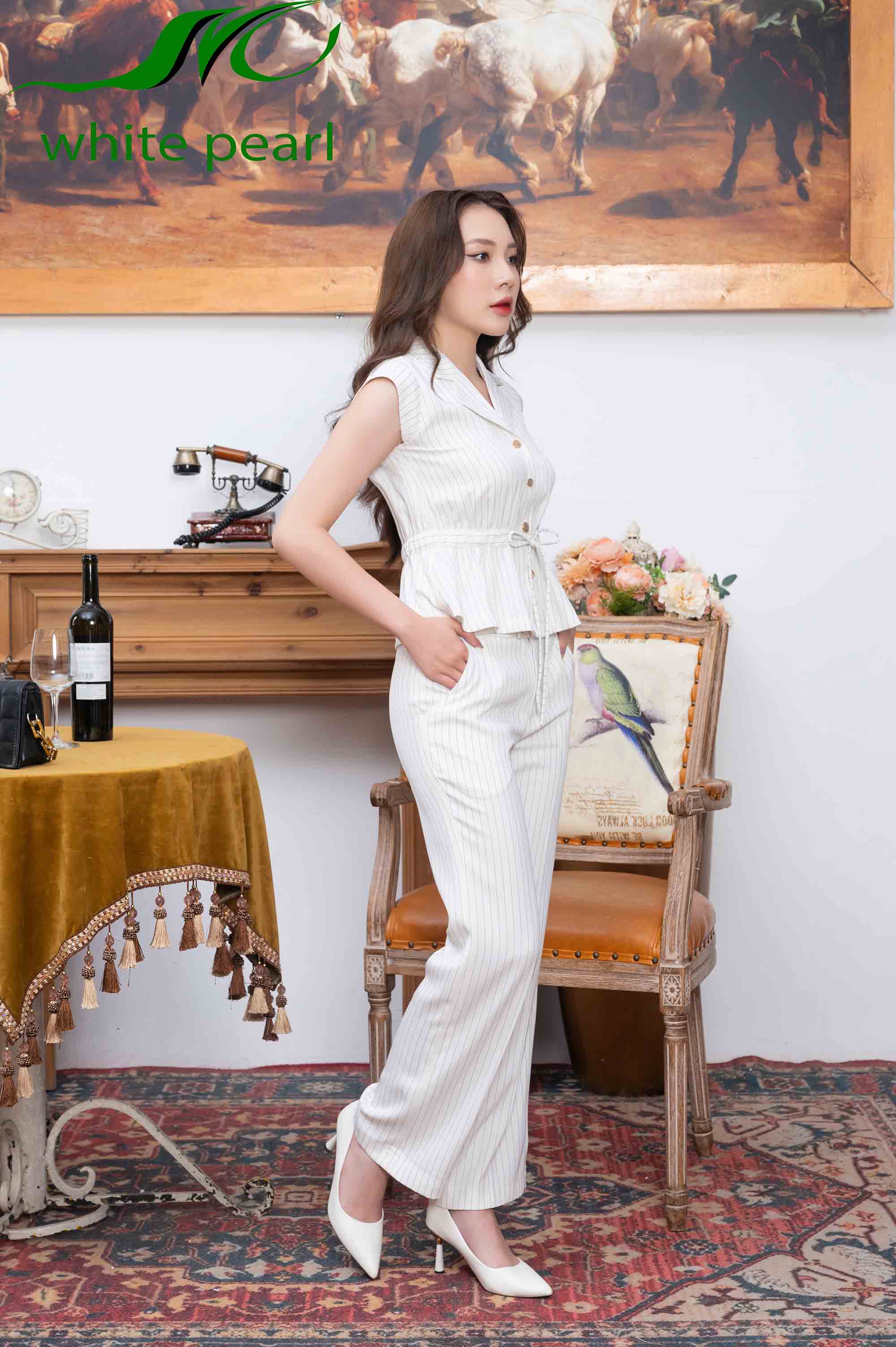 BKG Áo chun eo Quần suông cúc đồng thời trang công sở cao cấp White Pearl_thumbnail_6