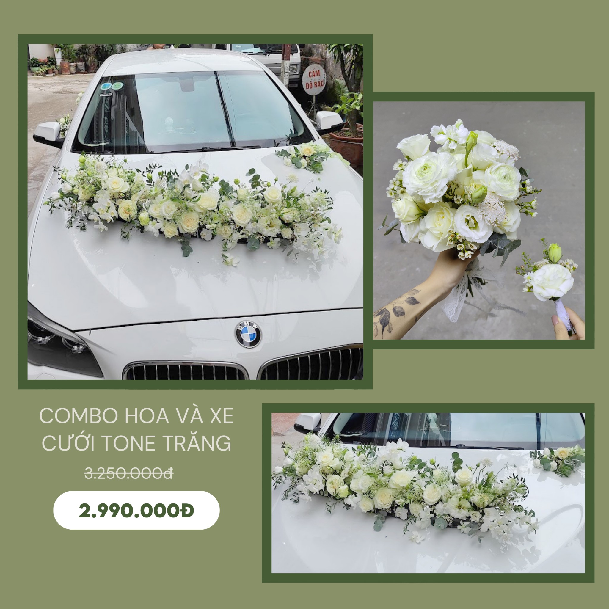 Combo hoa và xe cươi Tone Trắng