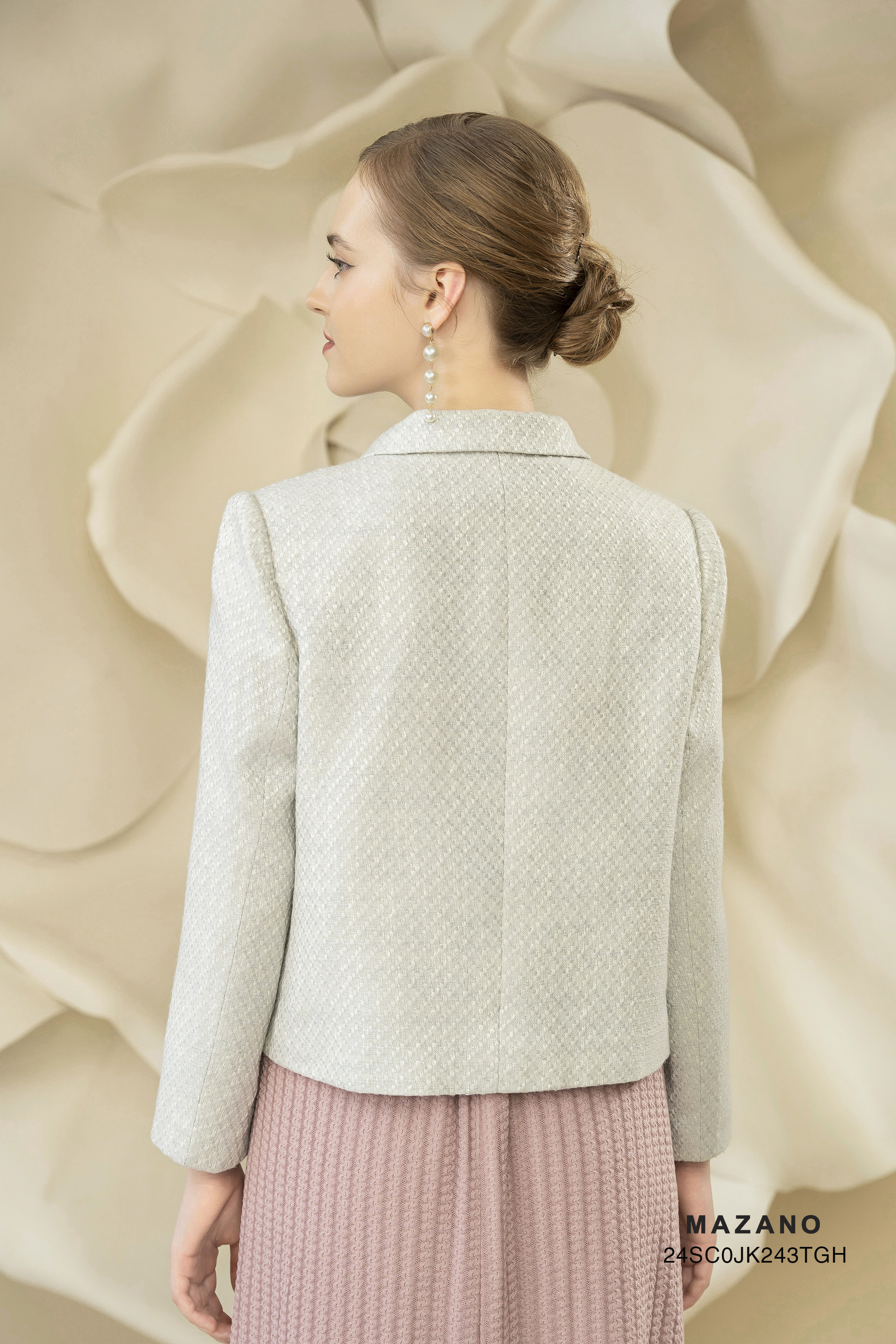 Áo khoác ngắn Suông Vải dạ tweed Đính hoa thủ công Dài dưới eo_thumbnail_3