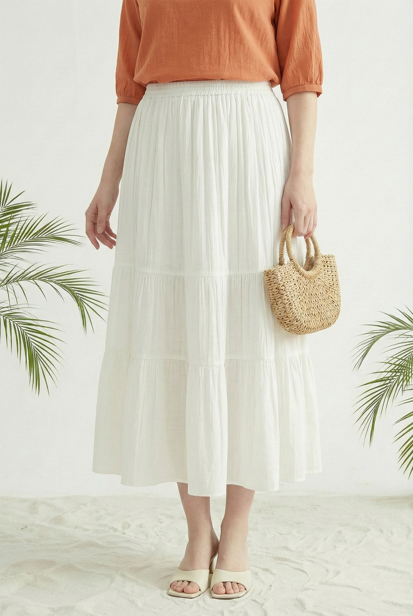 Chân váy trắng vải pha linen nhún xòe 3 tầng cạp chun thiết kế MAZANO 1HA1SCV017TR_thumbnail_4