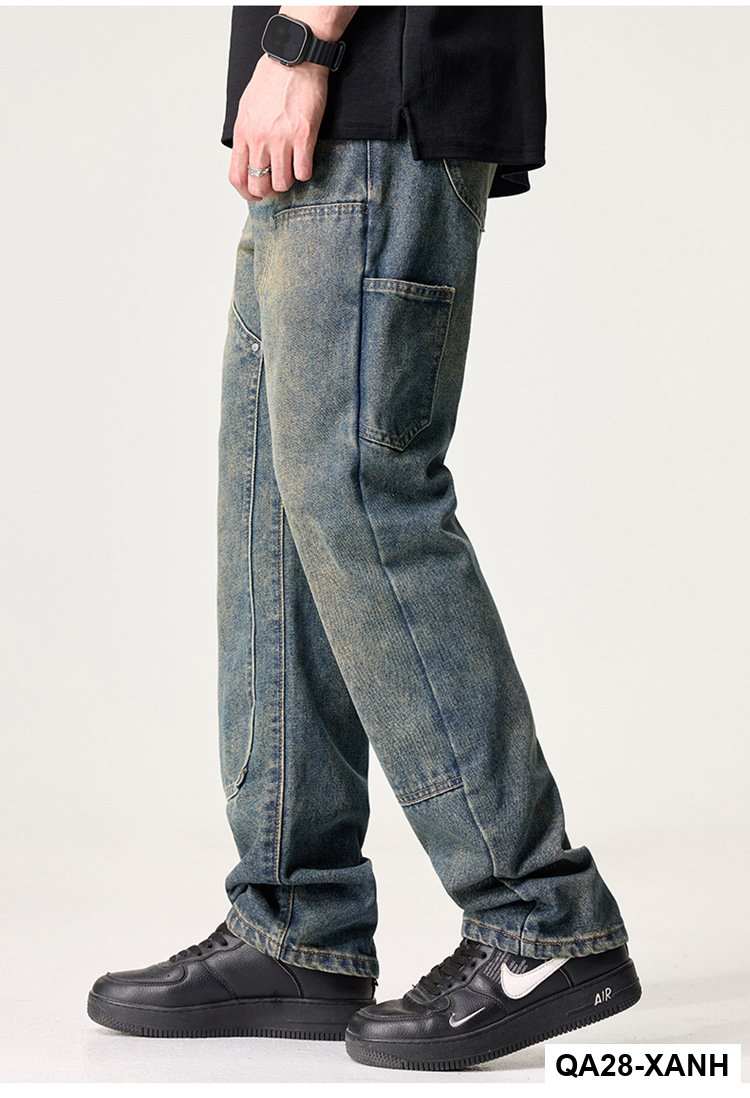 Quần Jean Nam Đường Phố Mỹ Cao Cấp – Retro Giặt Đau Khổ, Rách Hai Đầu Gối, Dáng Thẳng Màu Vàng Bùn_thumbnail_5