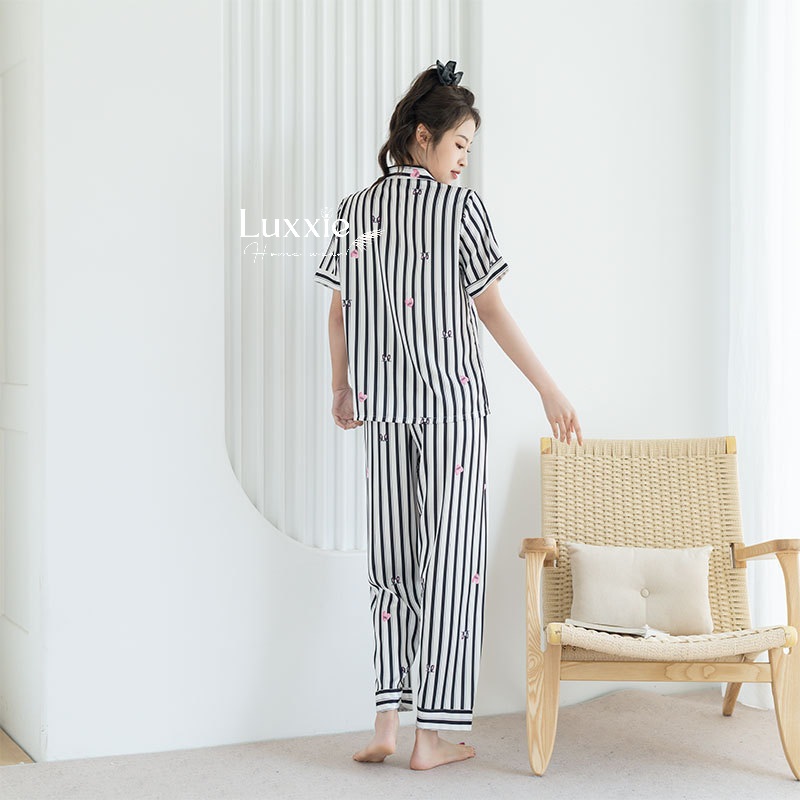 N103B Pijama lụa sọc trắng/ đen họa tiết mặt mèo cộc tay_thumbnail_3