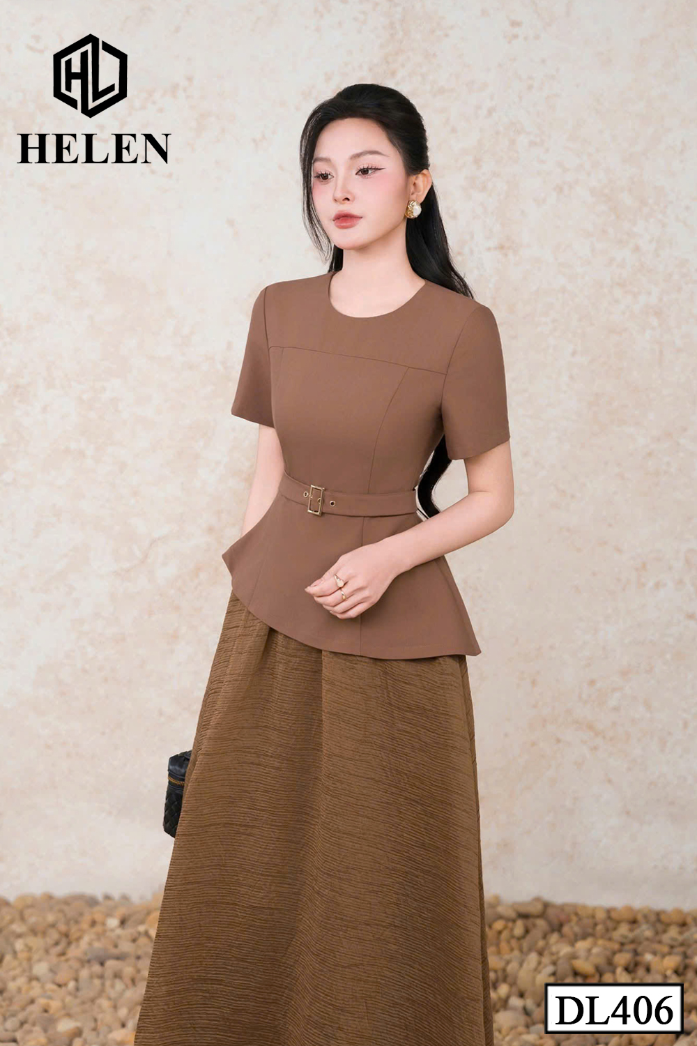 Đầm liền giả set nâu cổ tròn + kèm đai DL406_thumbnail_2