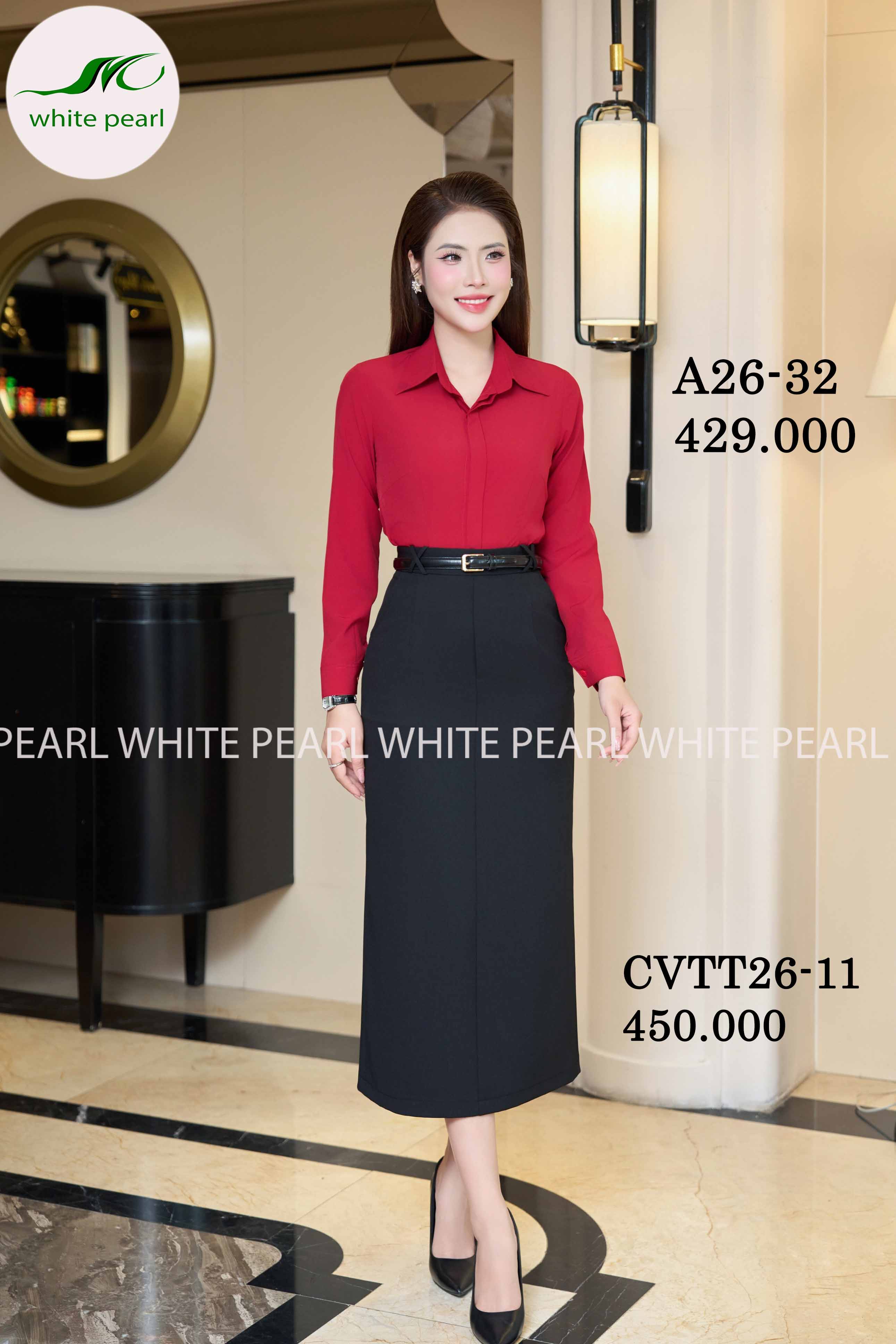 Áo sơ mi cổ đức tay dài kết hợp Chân váy ôm suông đỉa X  CVTT26-11 Thời trang công sở cao cấp White Pearl_thumbnail_0