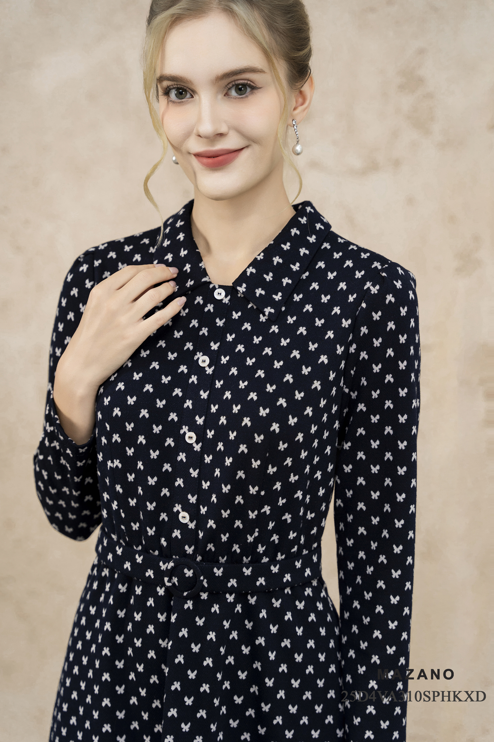 Váy Đầm ôm chân rủ Vải len  Cổ có lá bẻ bổ  cài khuy  Tay dài Dài đến bắp chân_thumbnail_2