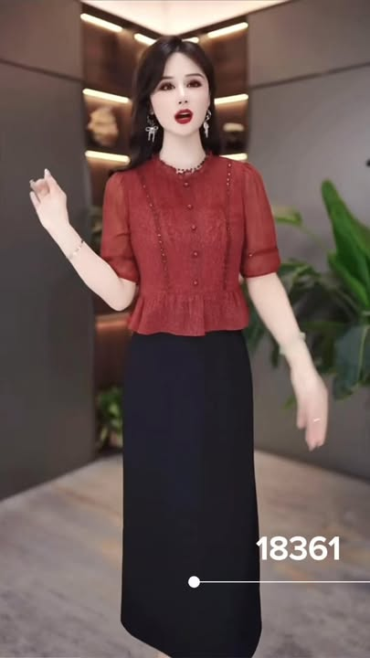 18361-Đầm liền thân phối 2 màu đỏ đen tay ngắn( lụa,voan)