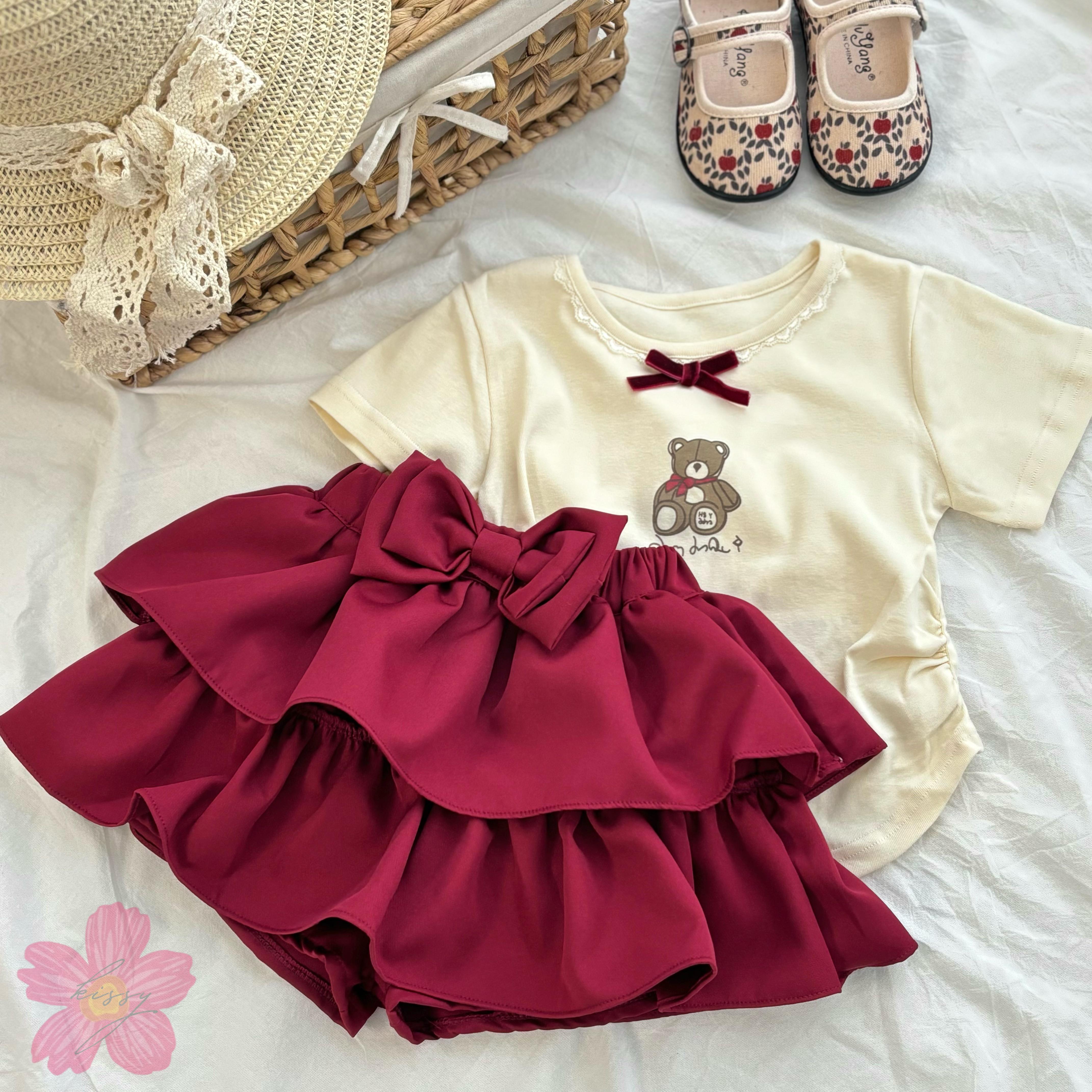 Set Áo Thun Kèm Chân Váy Xòe 2 Tầng Họa Tiết Nơ Dễ Thương Màu Sắc Đáng Yêu Mẫu Mới QCCC Hè 2025 Dành Cho Bé Gái Nhí